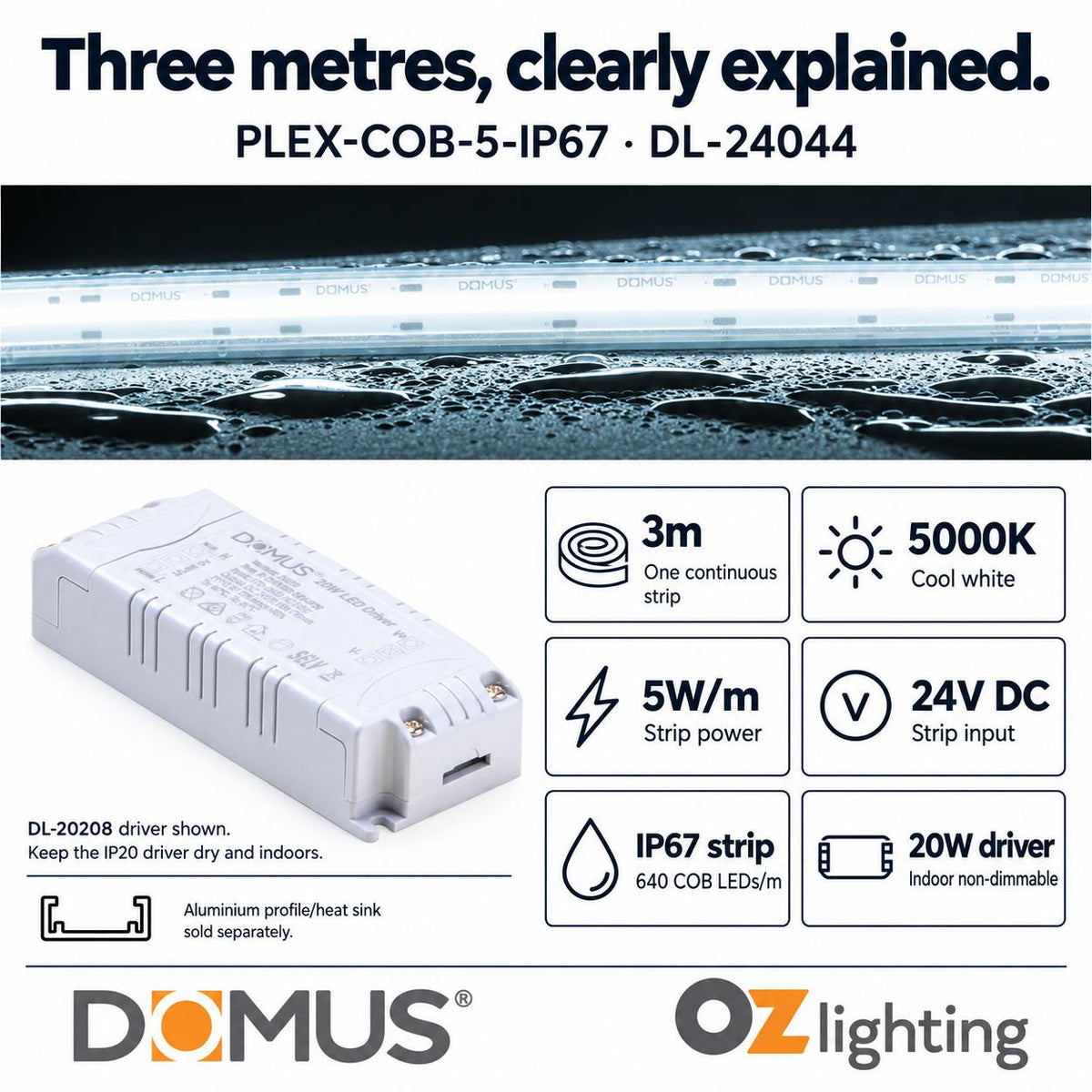 Domus PLEX 3 Metre 5W/m Cool White Outdoor Strip and Driver Bundle-Domus Lighting-Ozlighting.com.au