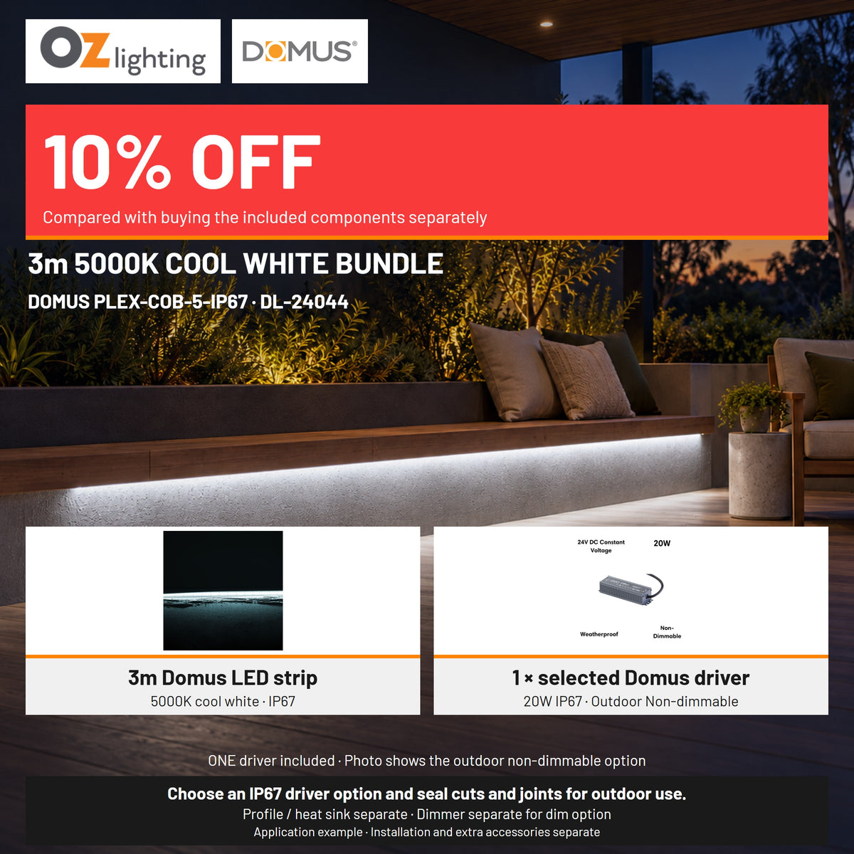 Domus PLEX-COB-5-IP67 LED Strip & Driver Bundle - 5000K, 3m-Domus Lighting-Ozlighting.com.au