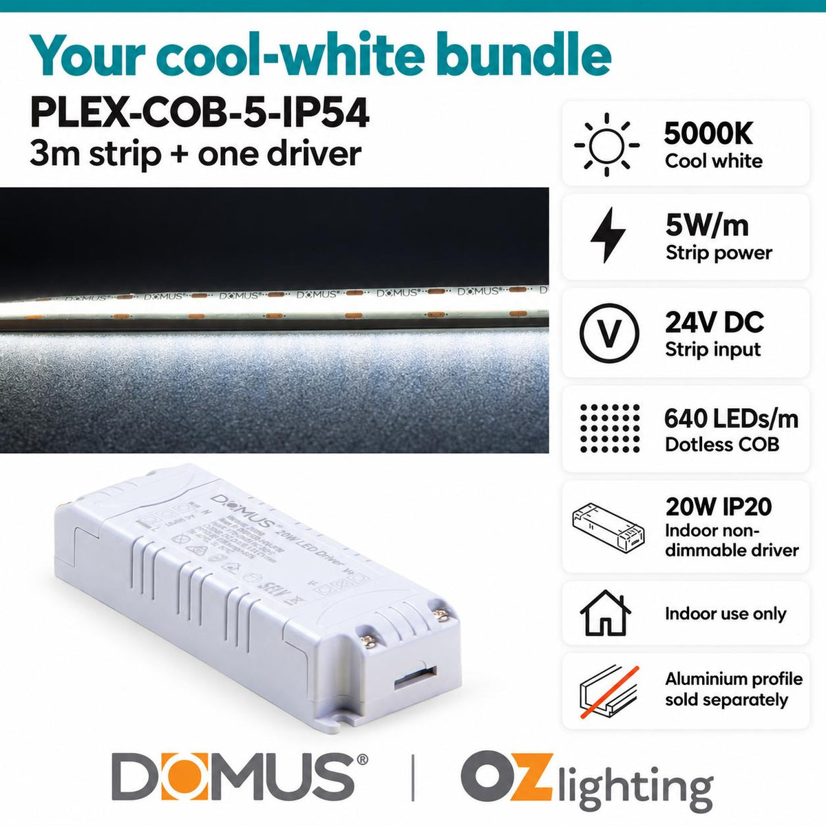 Domus PLEX-COB-5-IP54 3m 5000K LED strip and driver bundle — product details