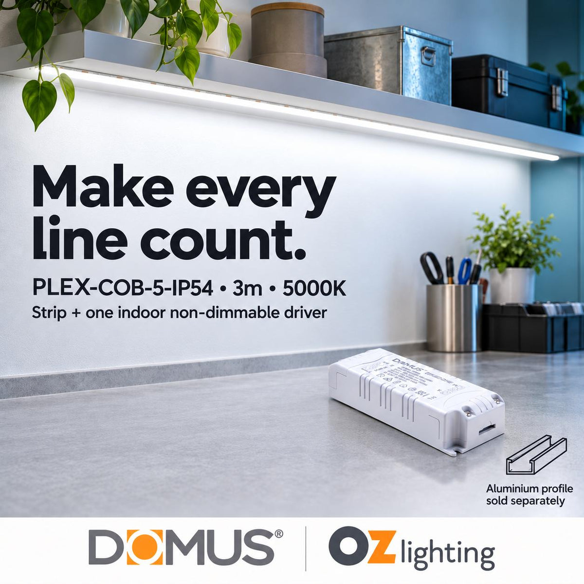 Domus PLEX-COB-5-IP54 3m 5000K LED strip and driver bundle — product benefit