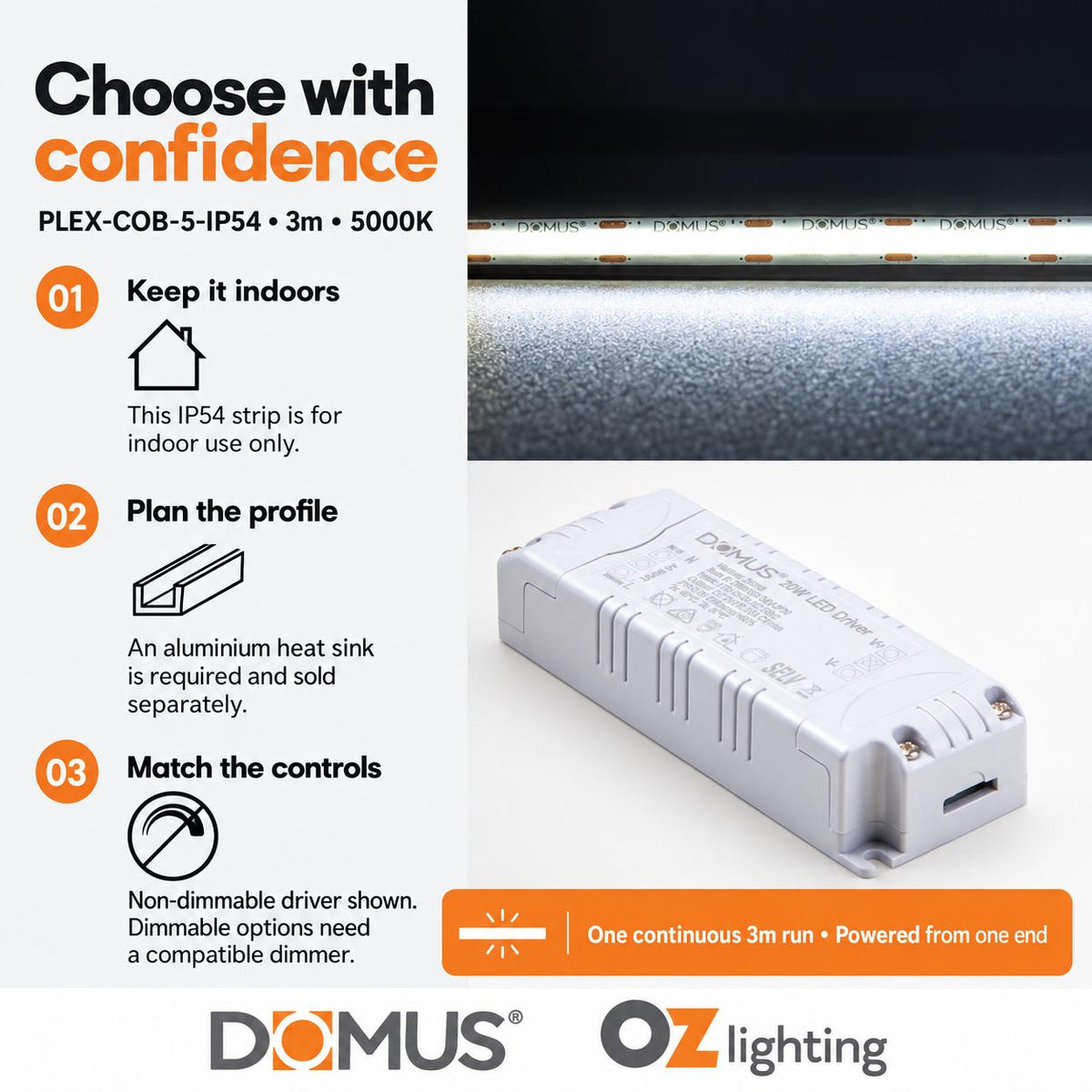 Domus PLEX-COB-5-IP54 3m 5000K LED strip and driver bundle — practical advice
