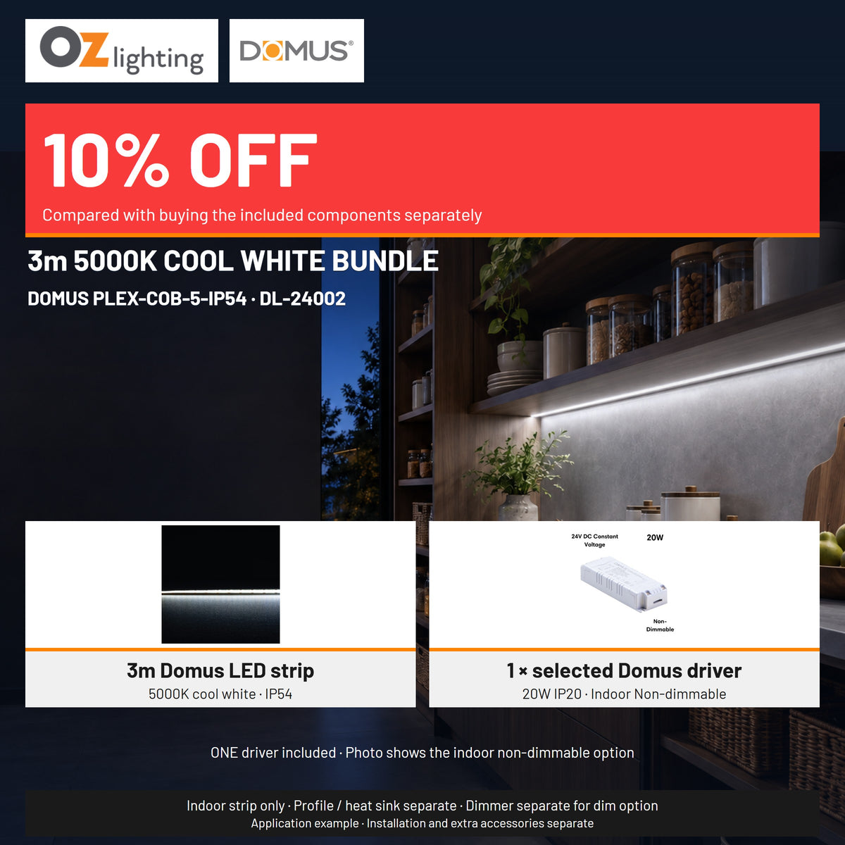 Domus PLEX 3 Metre 5W/m Cool White Strip and Driver Bundle-Domus Lighting-Ozlighting.com.au