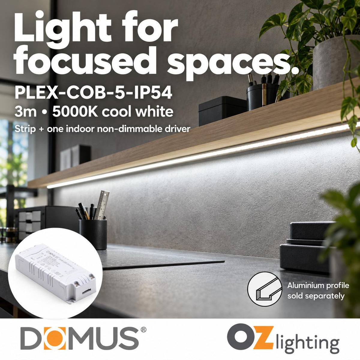 Domus PLEX-COB-5-IP54 3m 5000K LED strip and driver bundle — hero