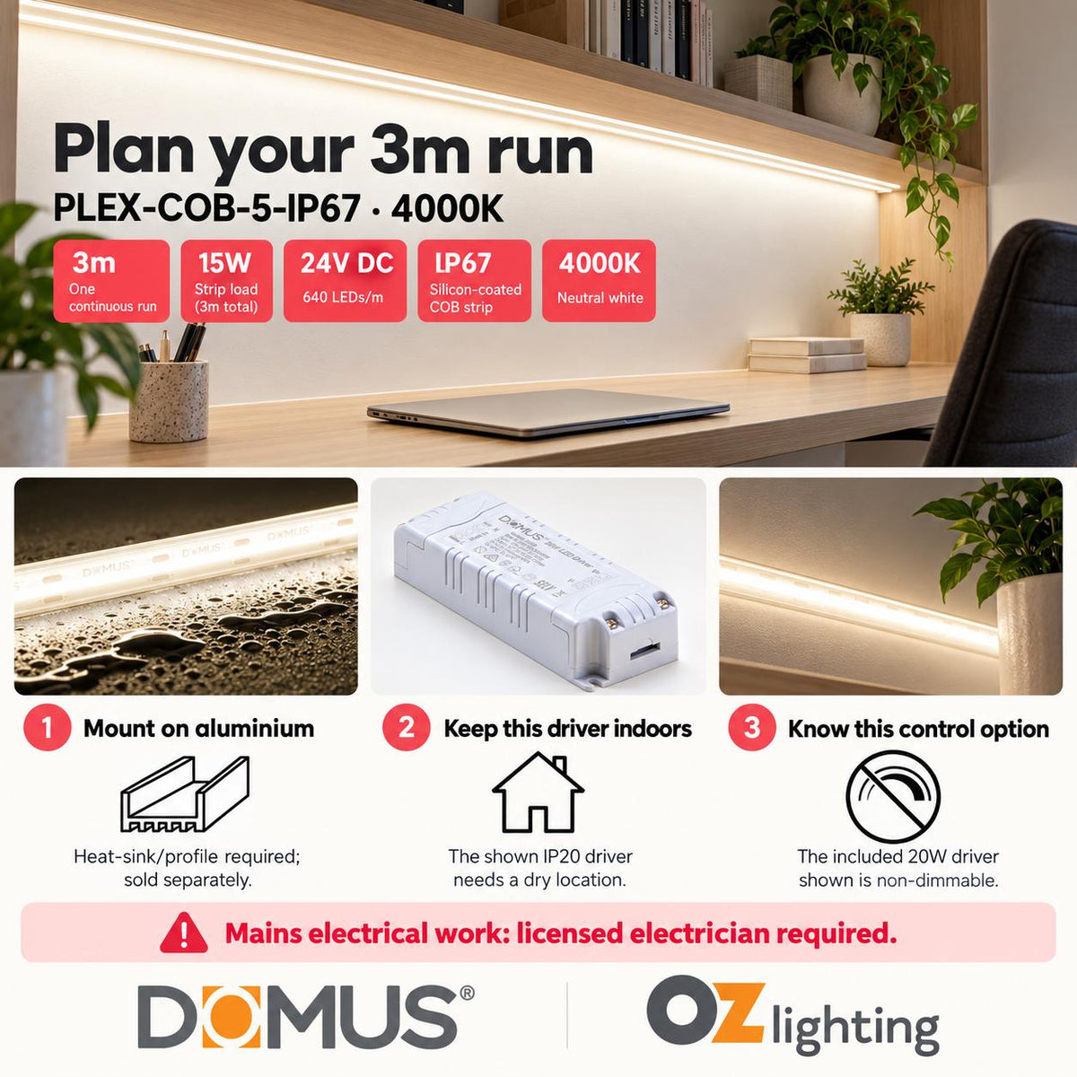 Domus PLEX-COB-5-IP67 3m 4000K LED strip and driver bundle — practical advice