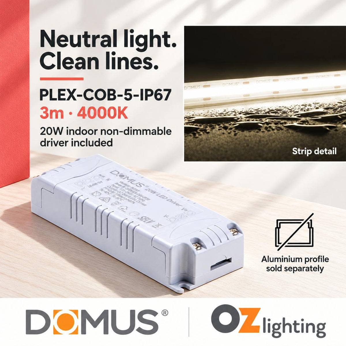Domus PLEX-COB-5-IP67 3m 4000K LED strip and driver bundle — hero