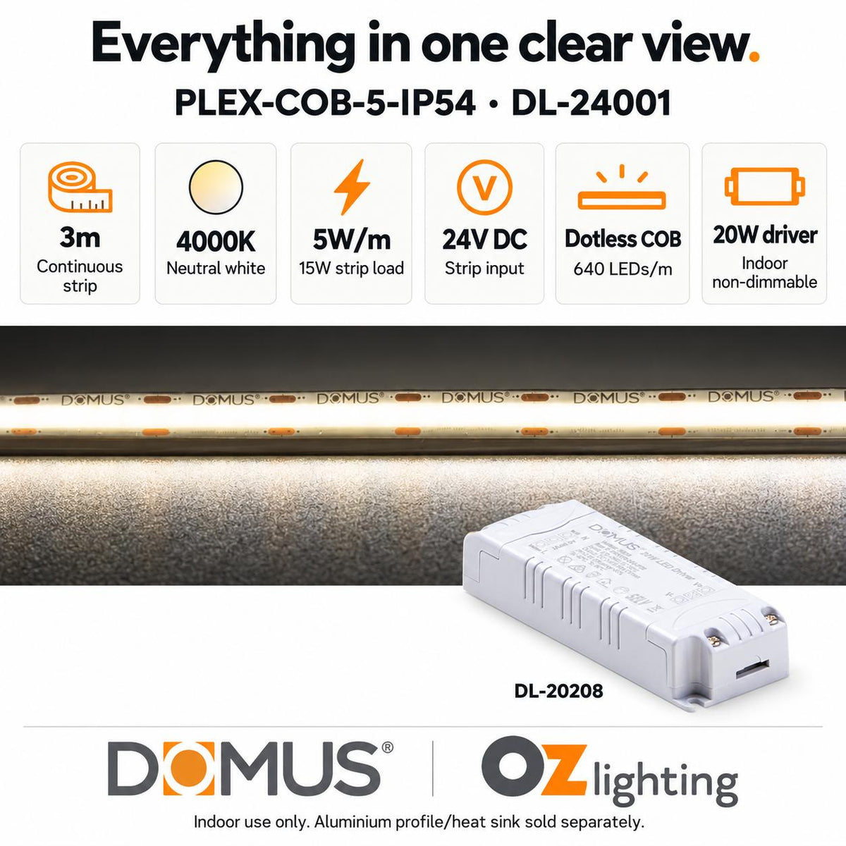 Domus PLEX 3 Metre 5W/m Neutral White Strip and Driver Bundle-Domus Lighting-Ozlighting.com.au