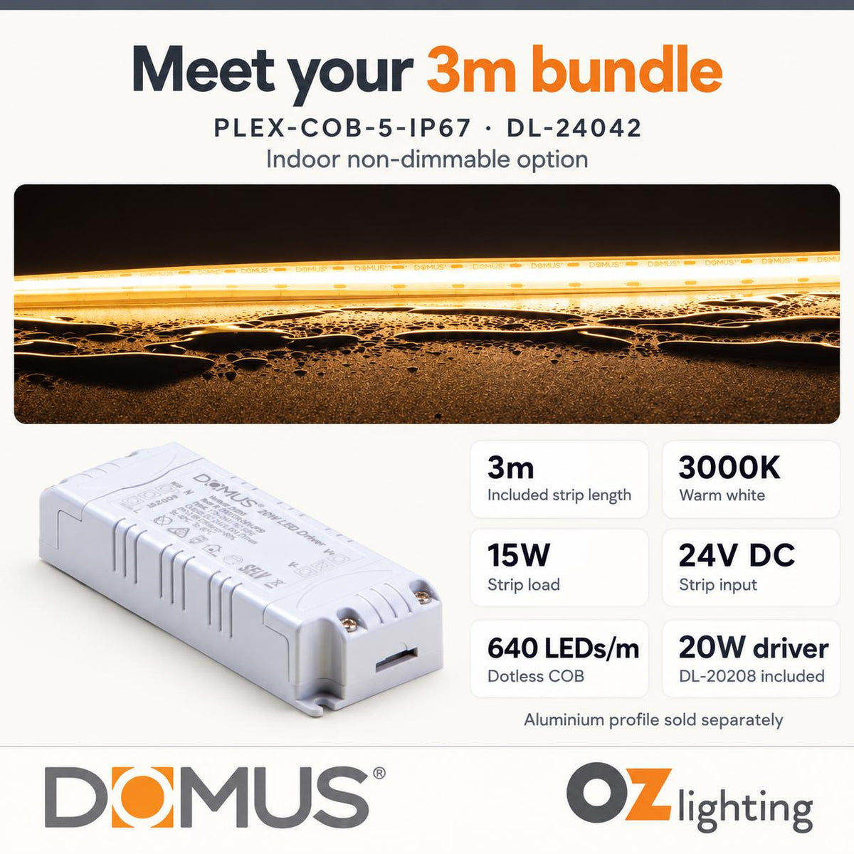 Domus PLEX-COB-5-IP67 3m 3000K LED strip and driver bundle — product details
