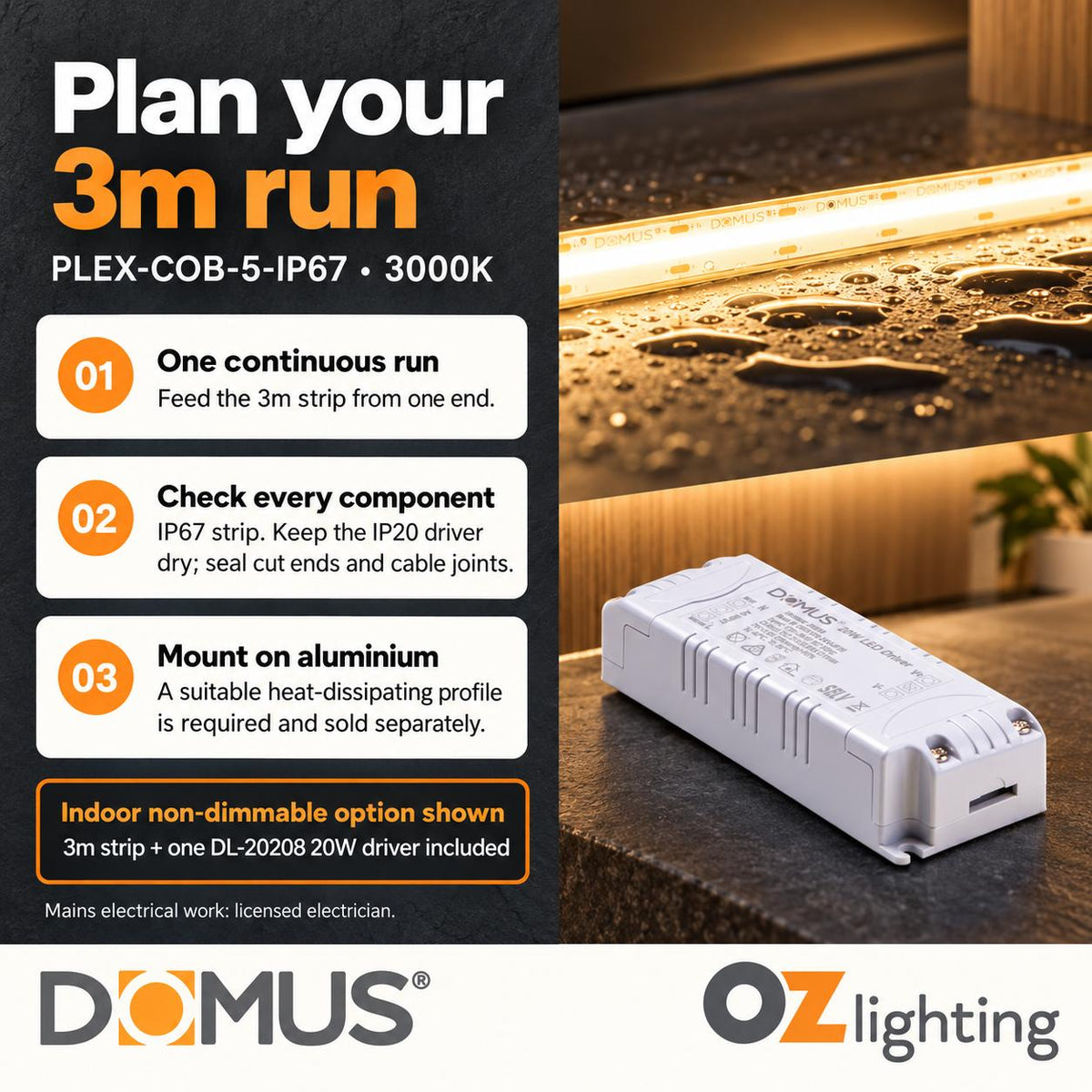 Domus PLEX-COB-5-IP67 3m 3000K LED strip and driver bundle — practical advice