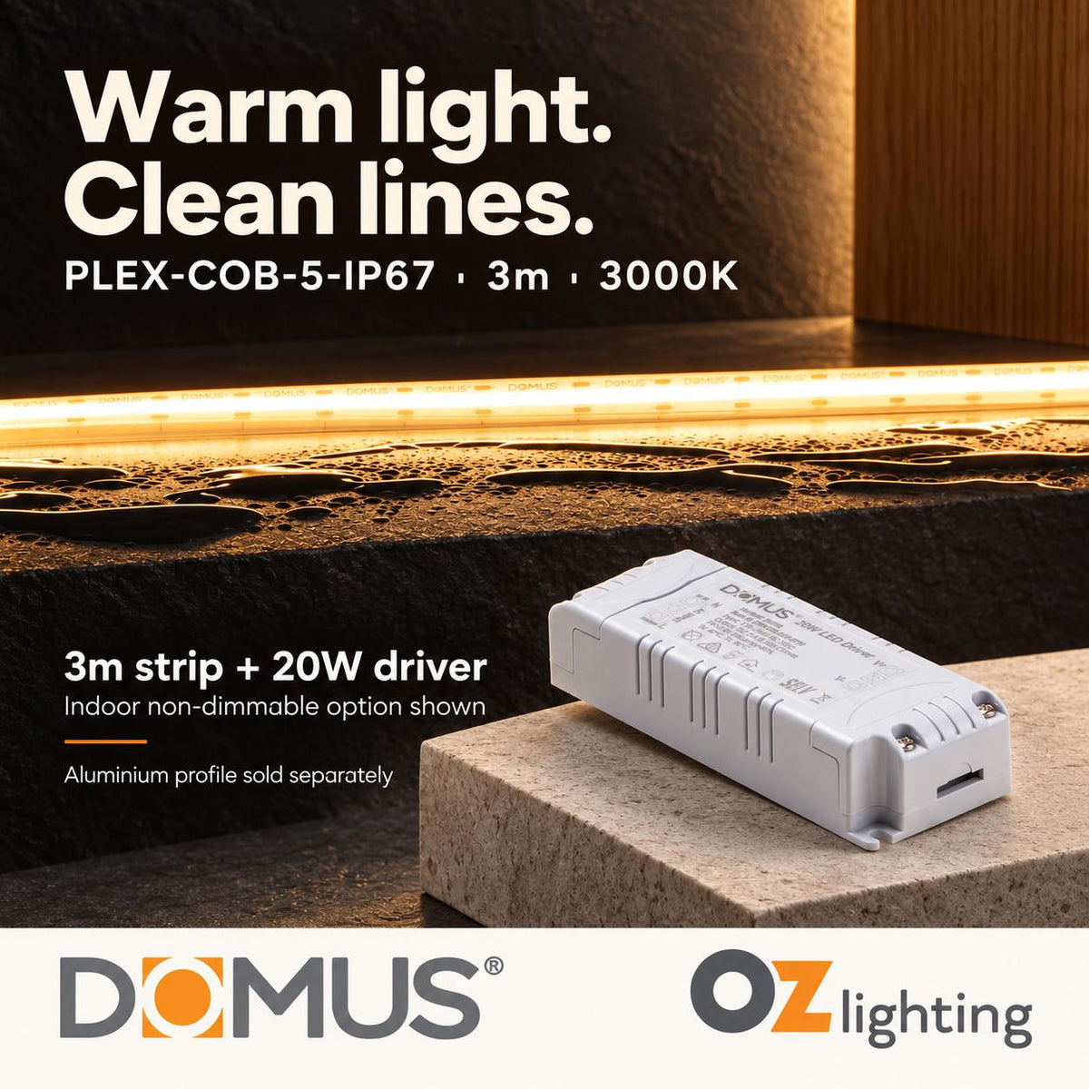 Domus PLEX-COB-5-IP67 3m 3000K LED strip and driver bundle — hero