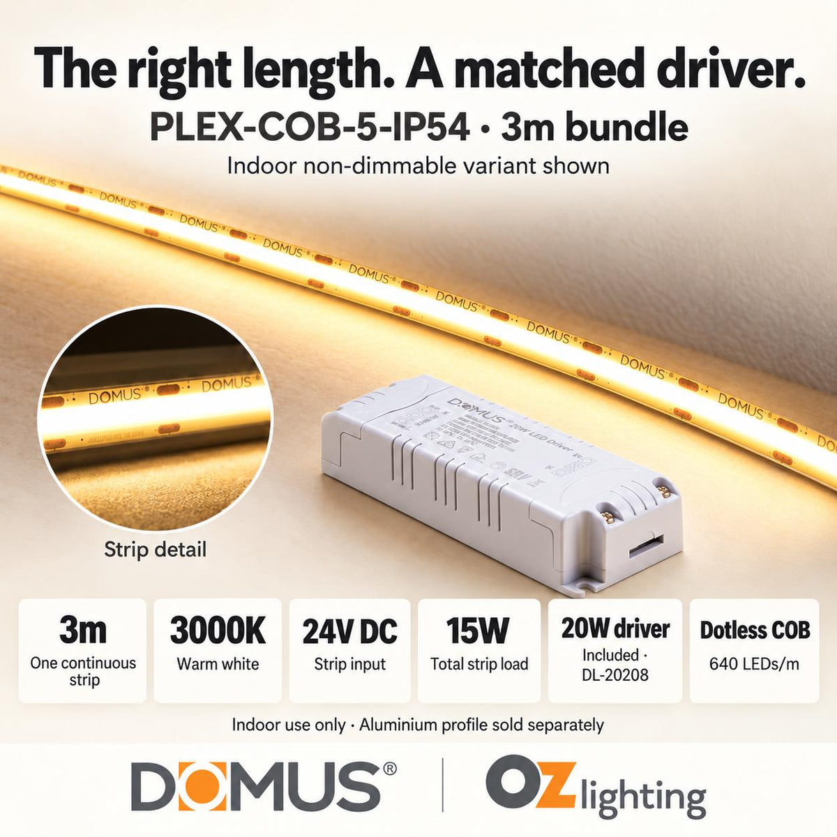 Domus PLEX-COB-5-IP54 3m 3000K LED strip and driver bundle — product details