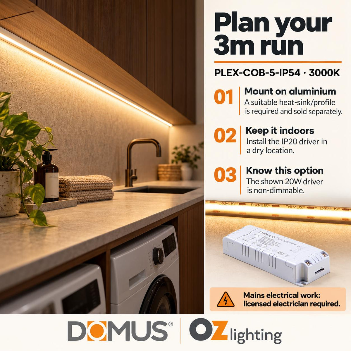 Domus PLEX-COB-5-IP54 3m 3000K LED strip and driver bundle — practical advice