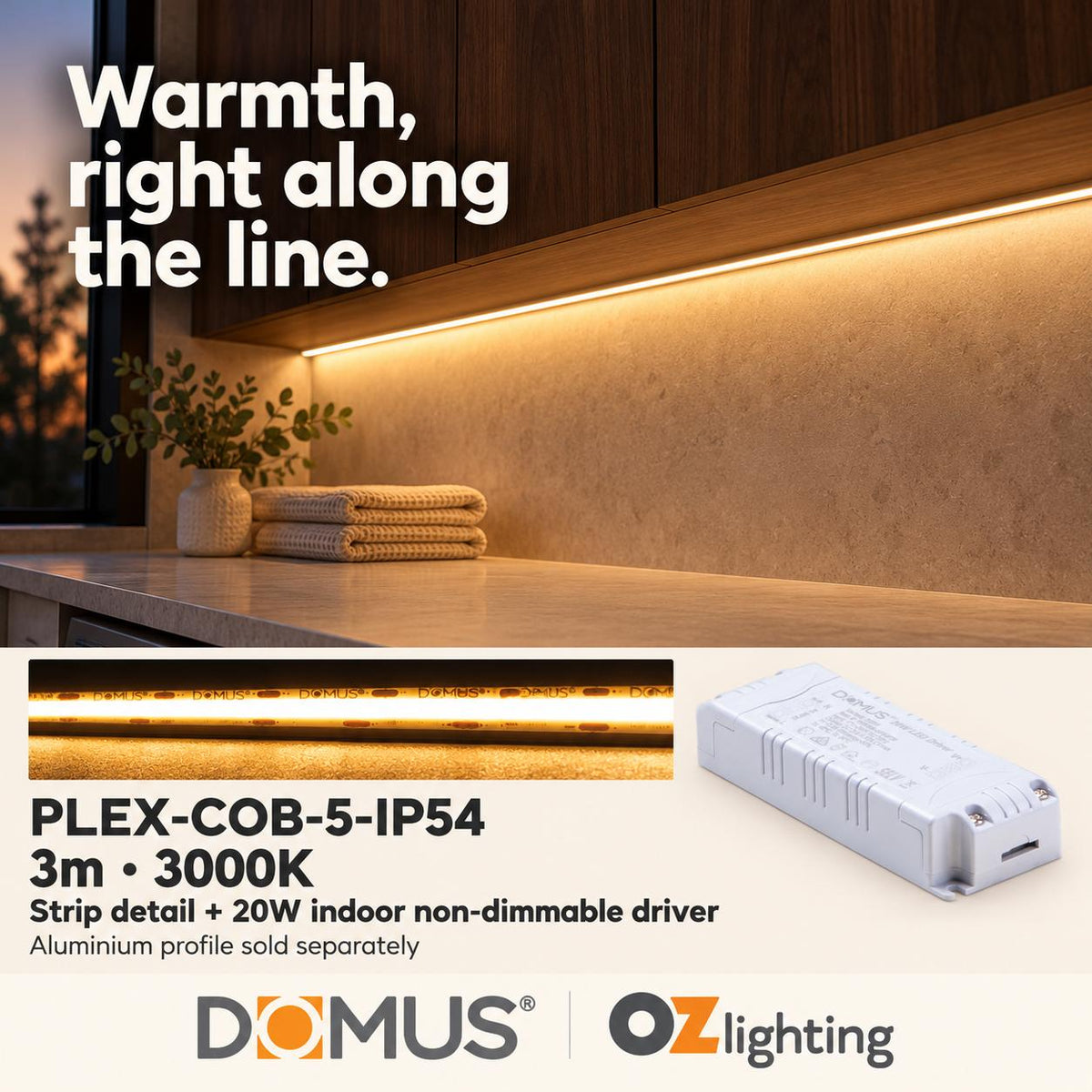 Domus PLEX-COB-5-IP54 3m 3000K LED strip and driver bundle — hero