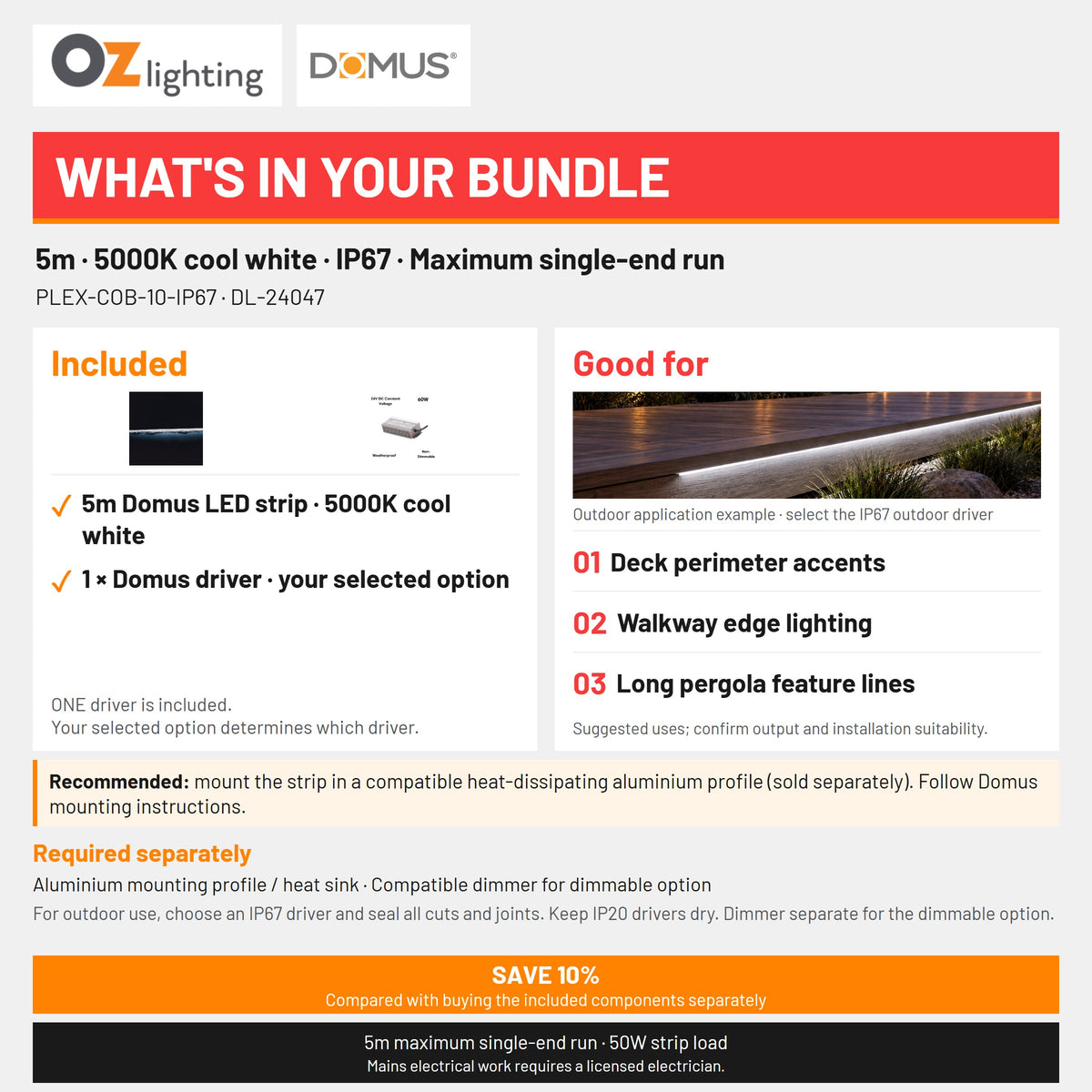 Domus PLEX 5 Metre 10W/m Cool White Outdoor Strip and Driver Bundle-Domus Lighting-Ozlighting.com.au