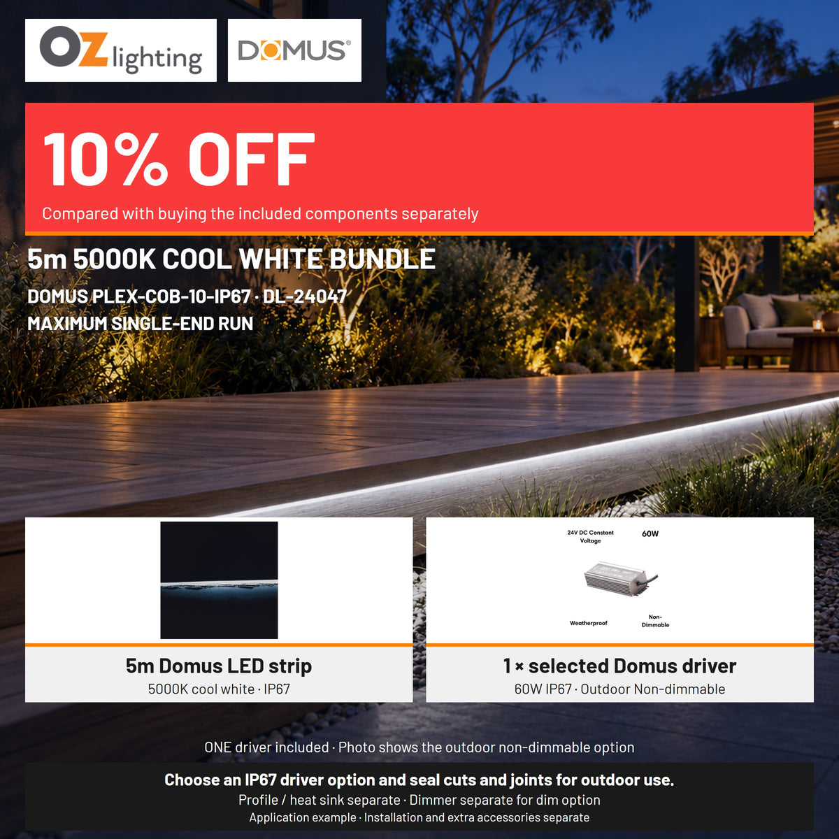 Domus PLEX 5 Metre 10W/m Cool White Outdoor Strip and Driver Bundle-Domus Lighting-Ozlighting.com.au