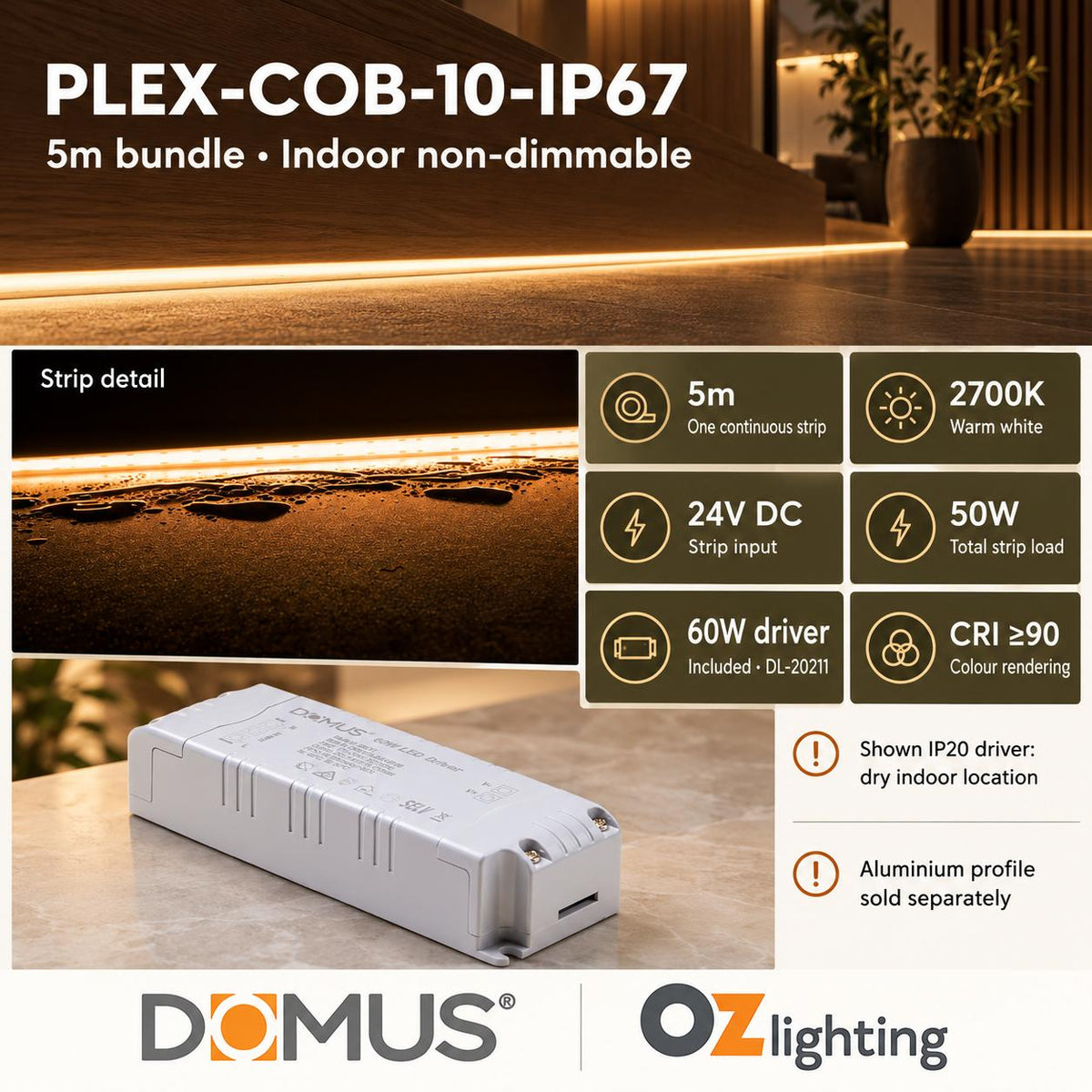 Domus PLEX 5 Metre 10W/m Extra Warm White Outdoor Strip and Driver Bundle-Domus Lighting-Ozlighting.com.au