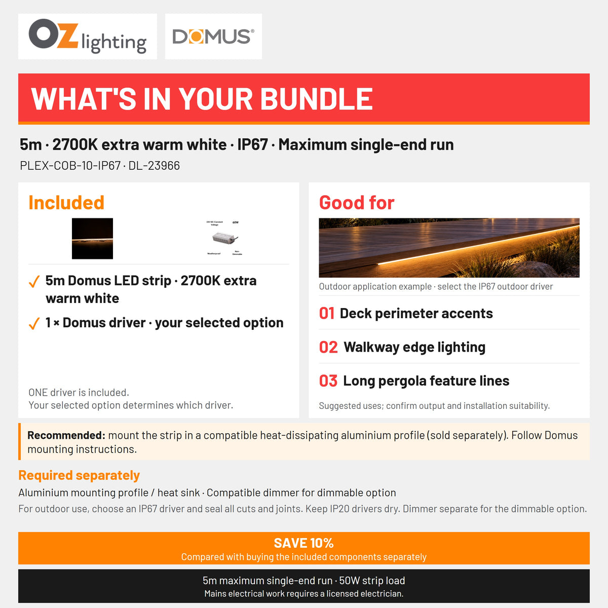 Domus PLEX 5 Metre 10W/m Extra Warm White Outdoor Strip and Driver Bundle-Domus Lighting-Ozlighting.com.au