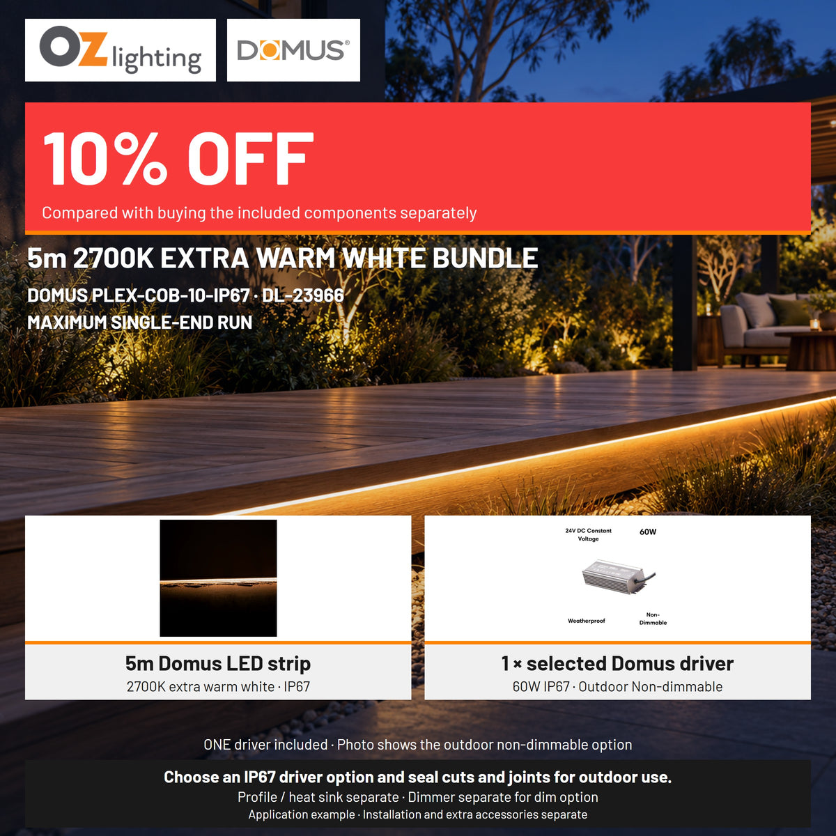 Domus PLEX 5 Metre 10W/m Extra Warm White Outdoor Strip and Driver Bundle-Domus Lighting-Ozlighting.com.au