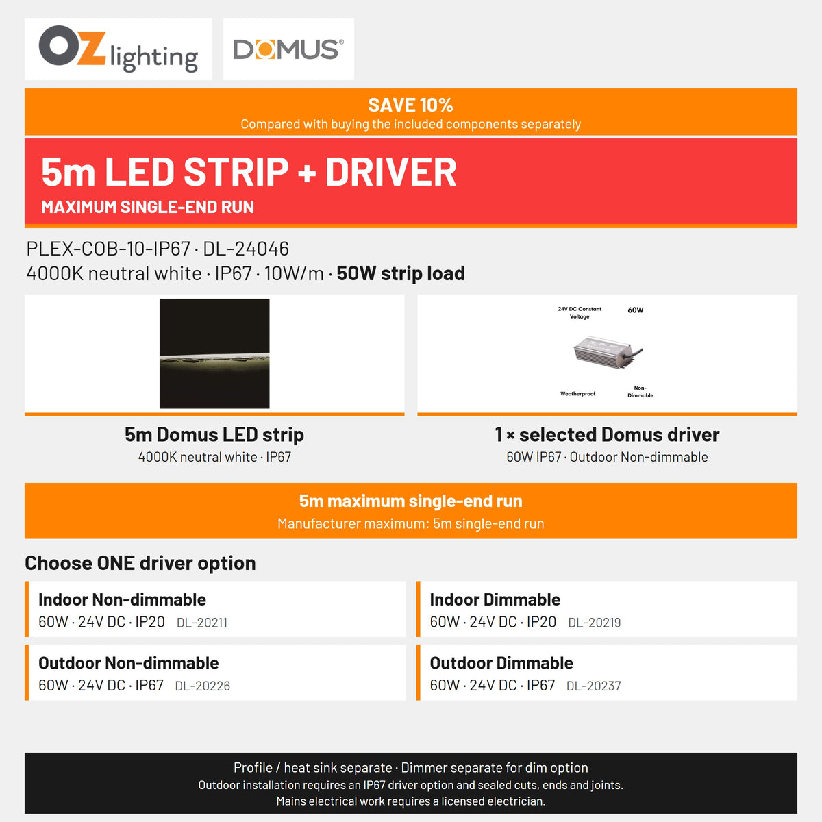 Domus PLEX-COB-10-IP67 LED Strip & Driver Bundle - 4000K, 5m-Domus Lighting-Ozlighting.com.au