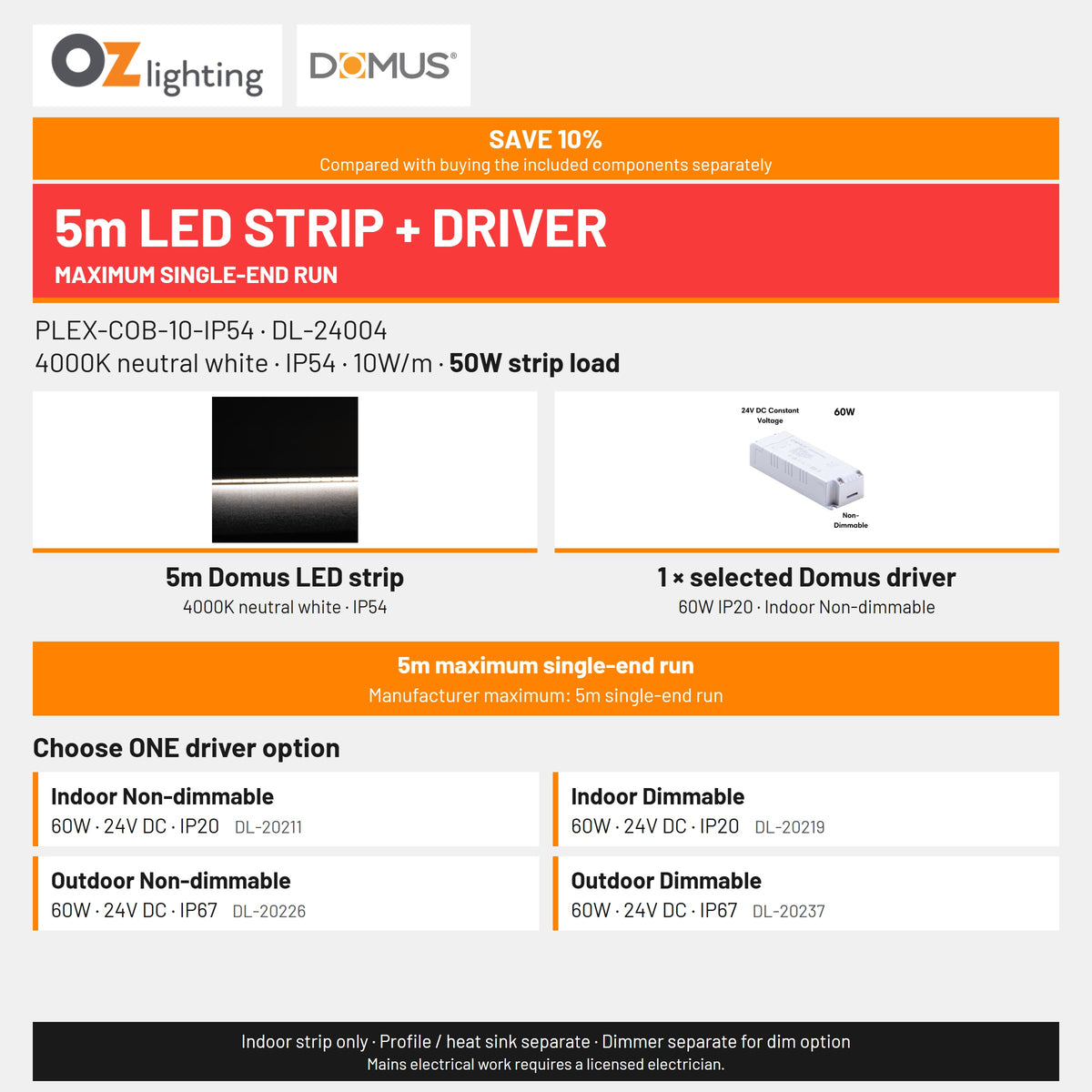 Domus PLEX 5 Metre 10W/m Neutral White Strip and Driver Bundle-Domus Lighting-Ozlighting.com.au