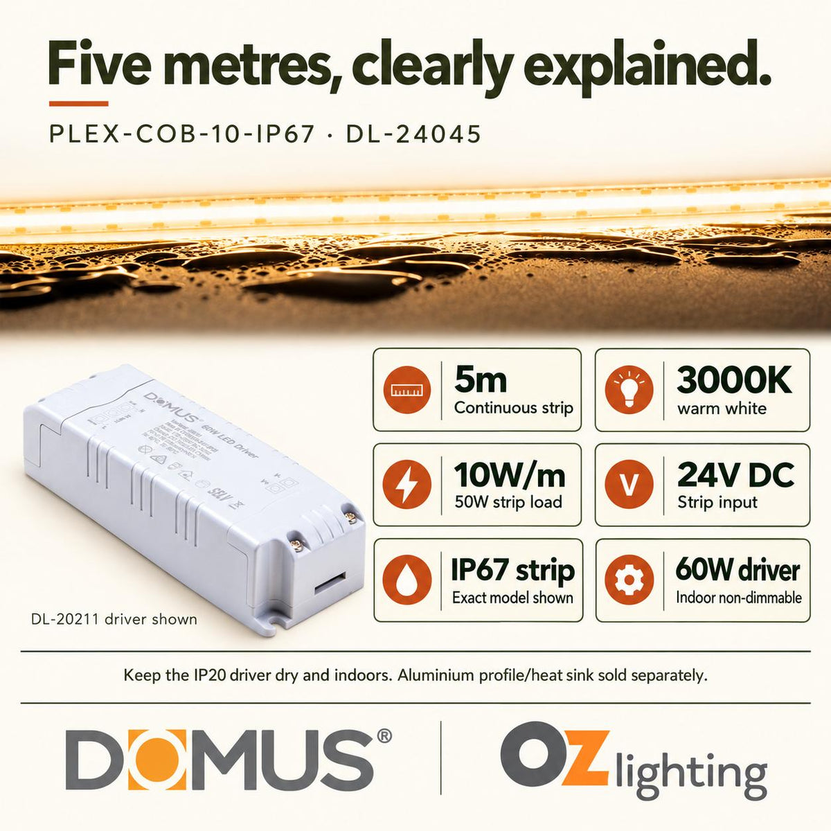 Domus PLEX 5 Metre 10W/m Warm White Outdoor Strip and Driver Bundle-Domus Lighting-Ozlighting.com.au