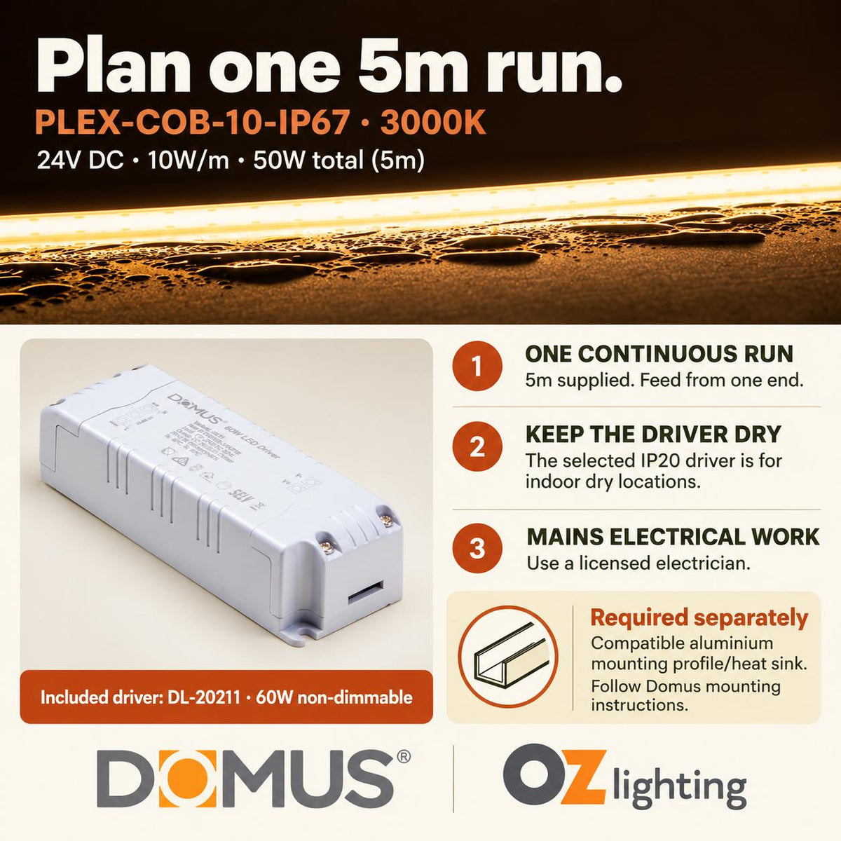 Domus PLEX 5 Metre 10W/m Warm White Outdoor Strip and Driver Bundle-Domus Lighting-Ozlighting.com.au