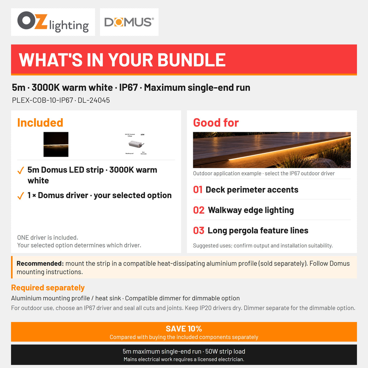 Domus PLEX 5 Metre 10W/m Warm White Outdoor Strip and Driver Bundle-Domus Lighting-Ozlighting.com.au