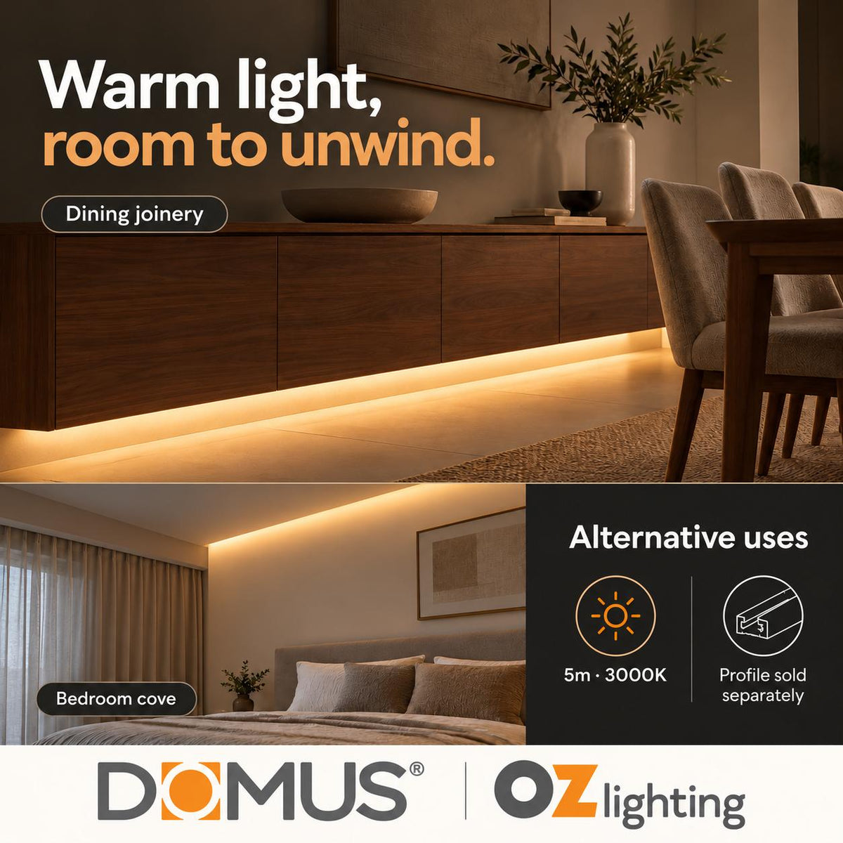 Domus PLEX-COB-10-IP54 5m 3000K LED strip and driver bundle — marketing