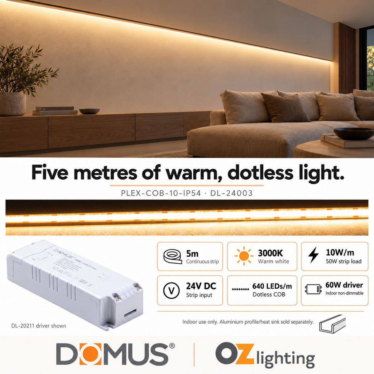 Domus PLEX-COB-10-IP54 5m 3000K LED strip and driver bundle — product details