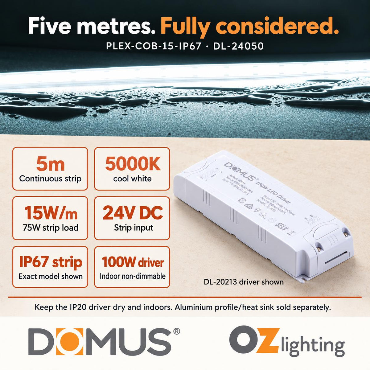 Domus PLEX 5 Metre 15W/m Cool White Outdoor Strip and Driver Bundle-Domus Lighting-Ozlighting.com.au