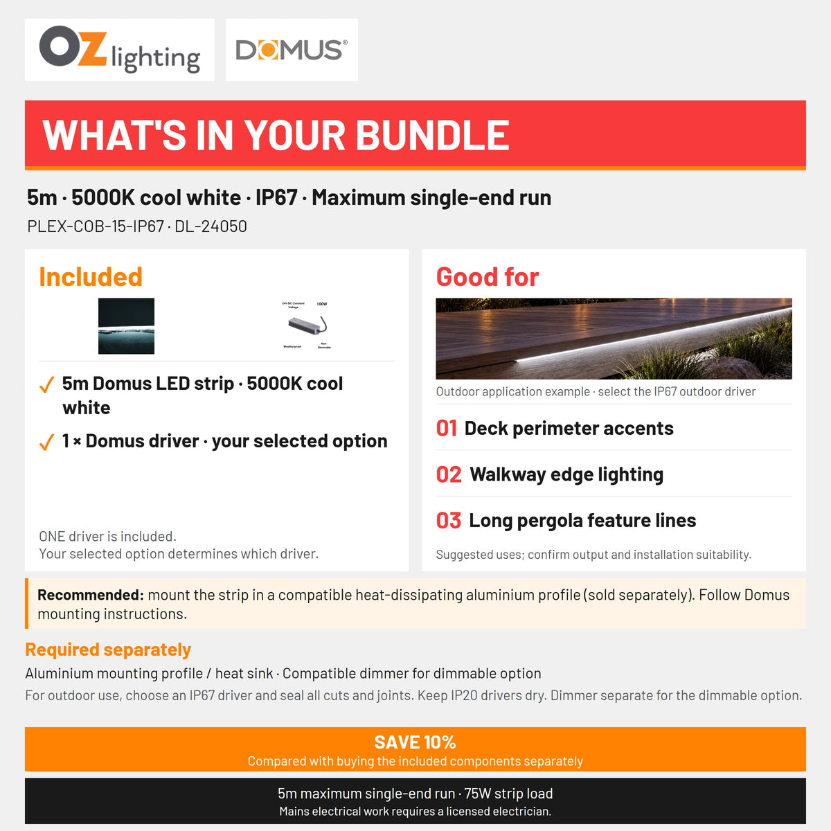 Domus PLEX-COB-15-IP67 LED Strip & Driver Bundle - 5000K, 5m-Domus Lighting-Ozlighting.com.au