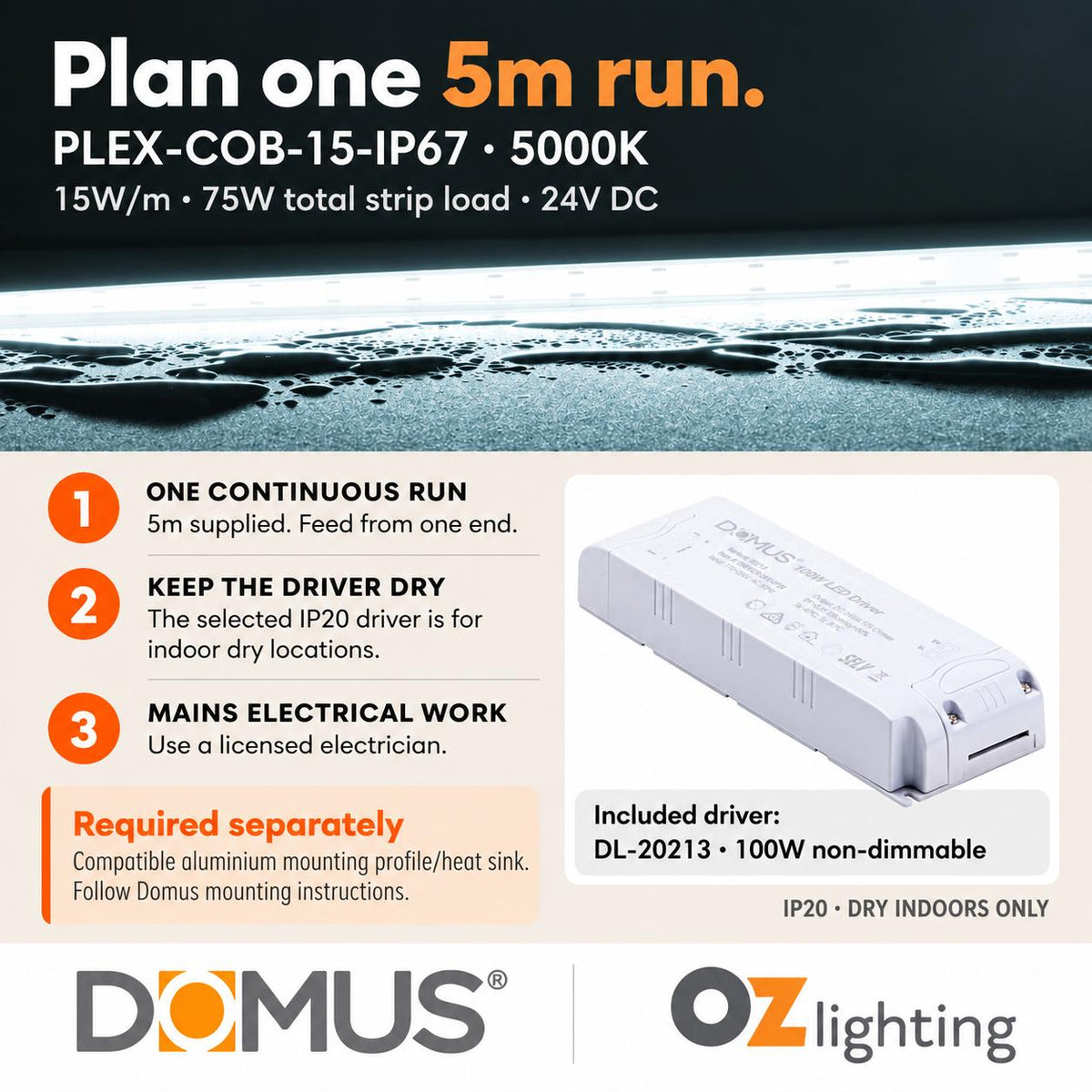 Domus PLEX 5 Metre 15W/m Cool White Outdoor Strip and Driver Bundle-Domus Lighting-Ozlighting.com.au