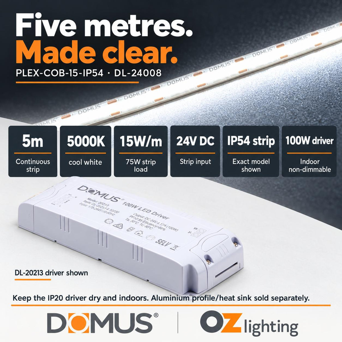 Domus PLEX-COB-15-IP54 5m 5000K LED strip and driver bundle — product details