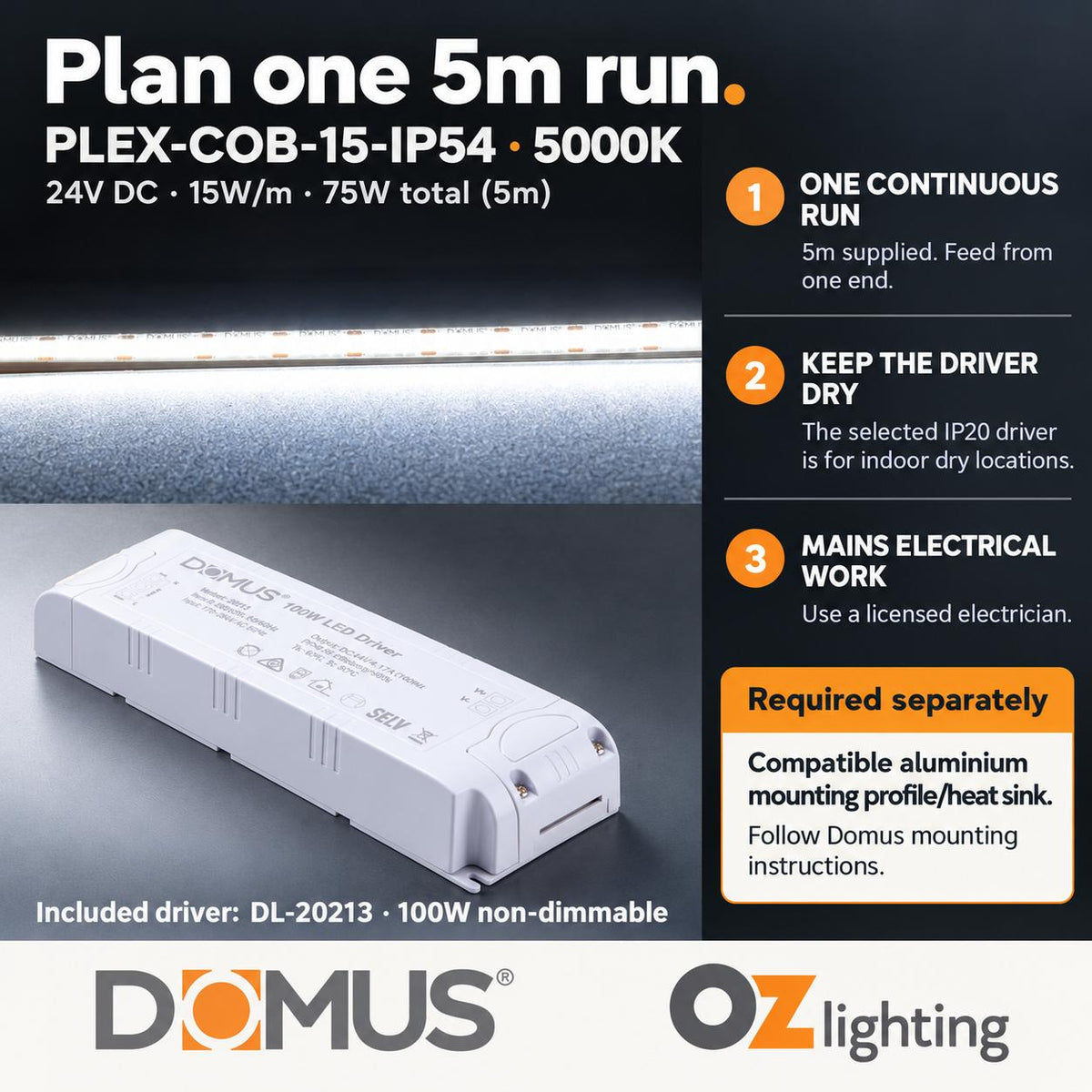 Domus PLEX-COB-15-IP54 5m 5000K LED strip and driver bundle — practical advice