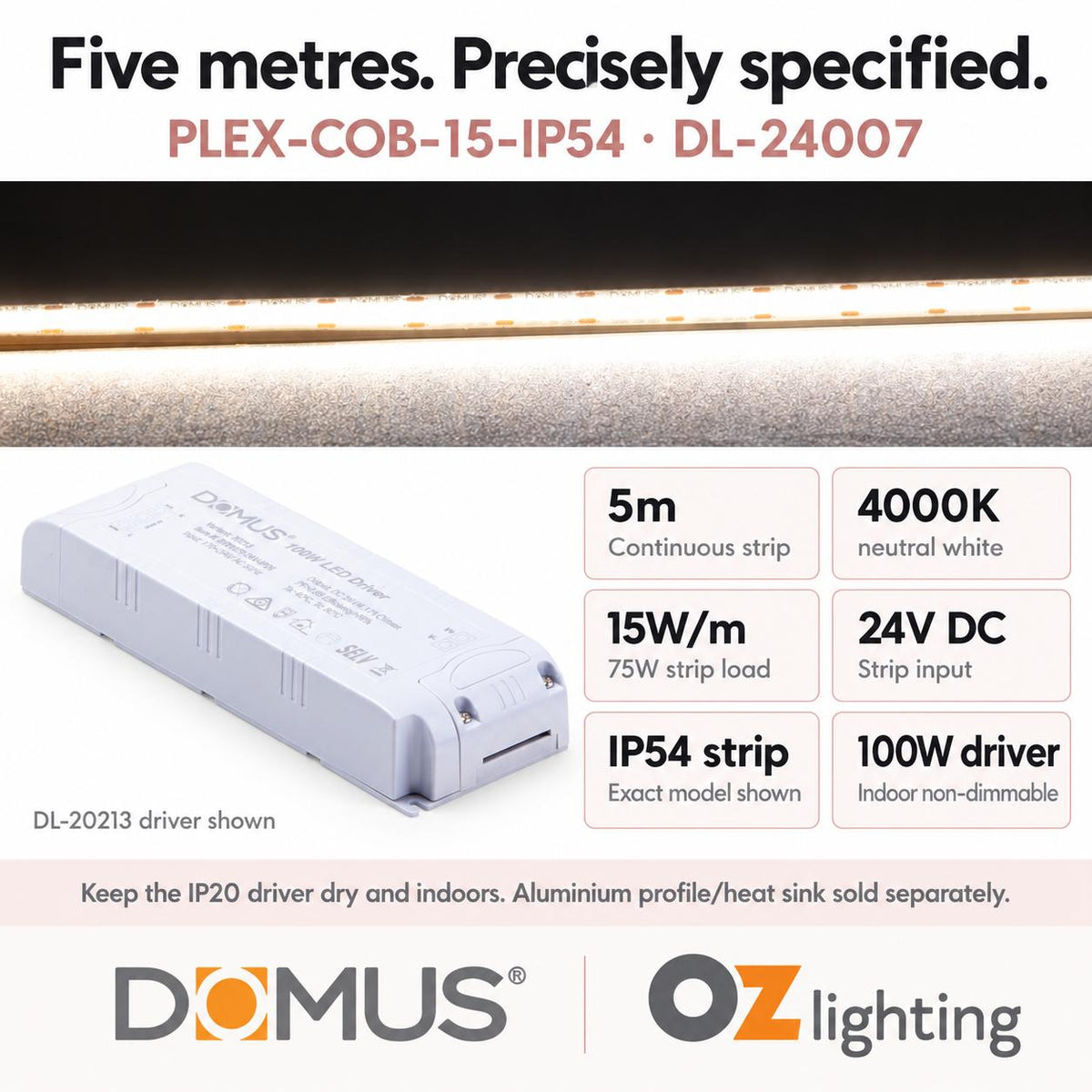 Domus PLEX 5 Metre 15W/m Neutral White Strip and Driver Bundle-Domus Lighting-Ozlighting.com.au