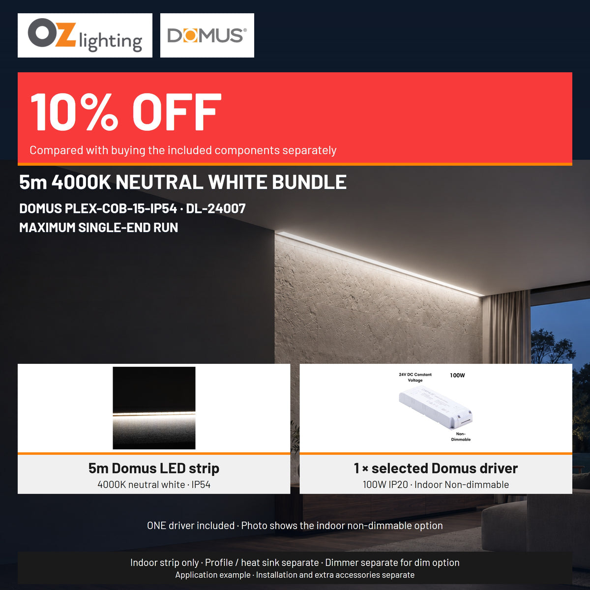 Domus PLEX 5 Metre 15W/m Neutral White Strip and Driver Bundle-Domus Lighting-Ozlighting.com.au