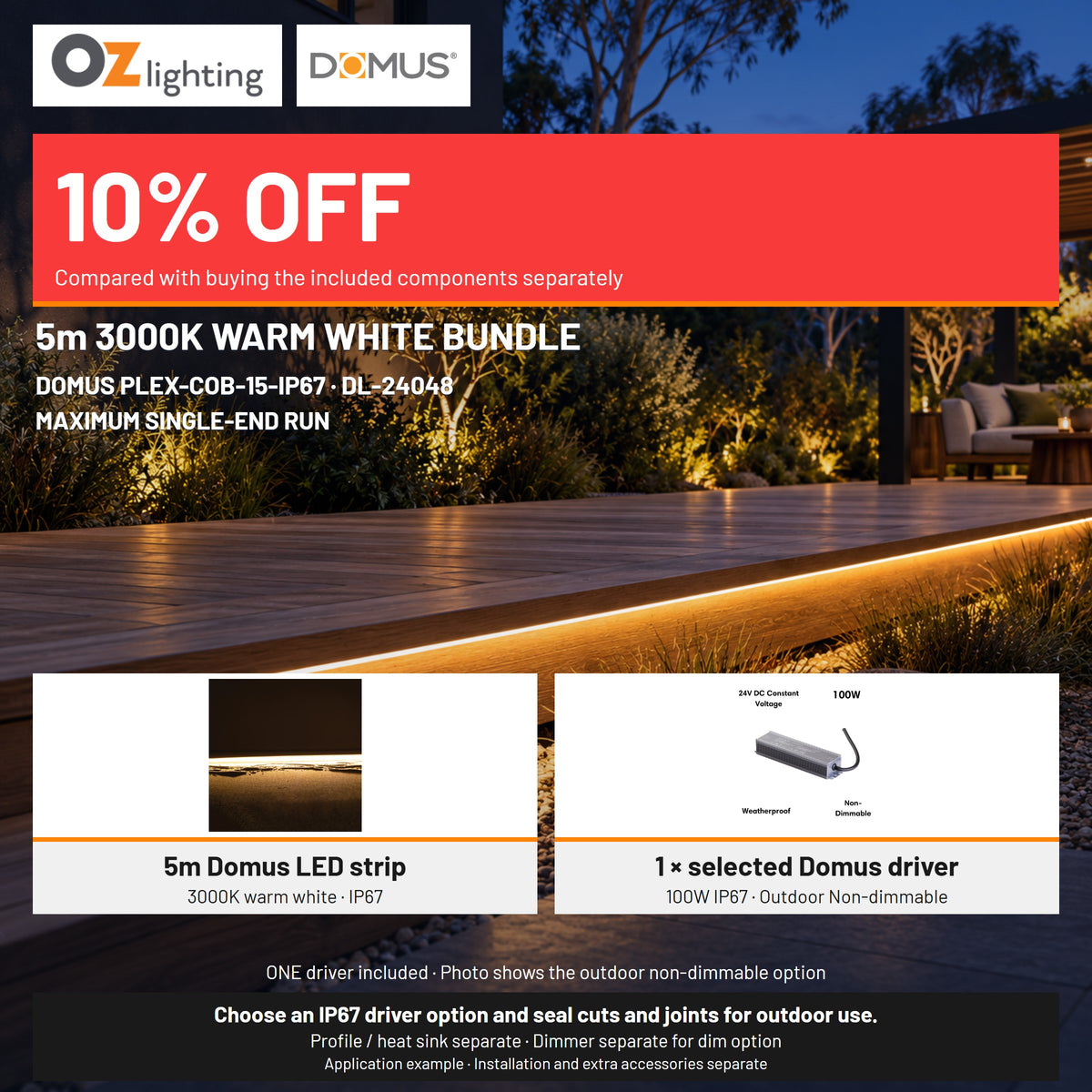 Domus PLEX 5 Metre 15W/m Warm White Outdoor Strip and Driver Bundle-Domus Lighting-Ozlighting.com.au