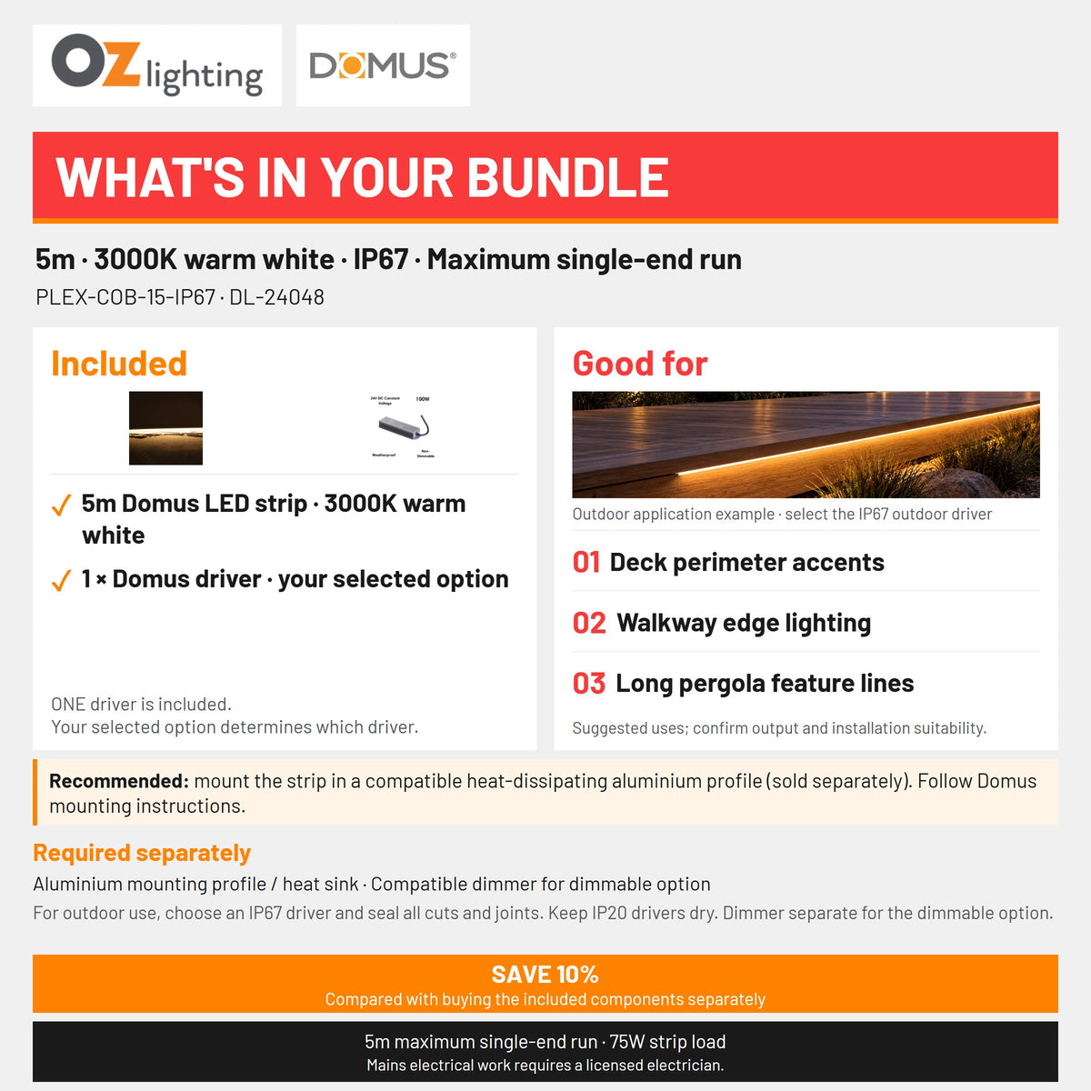 Domus PLEX 5 Metre 15W/m Warm White Outdoor Strip and Driver Bundle-Domus Lighting-Ozlighting.com.au