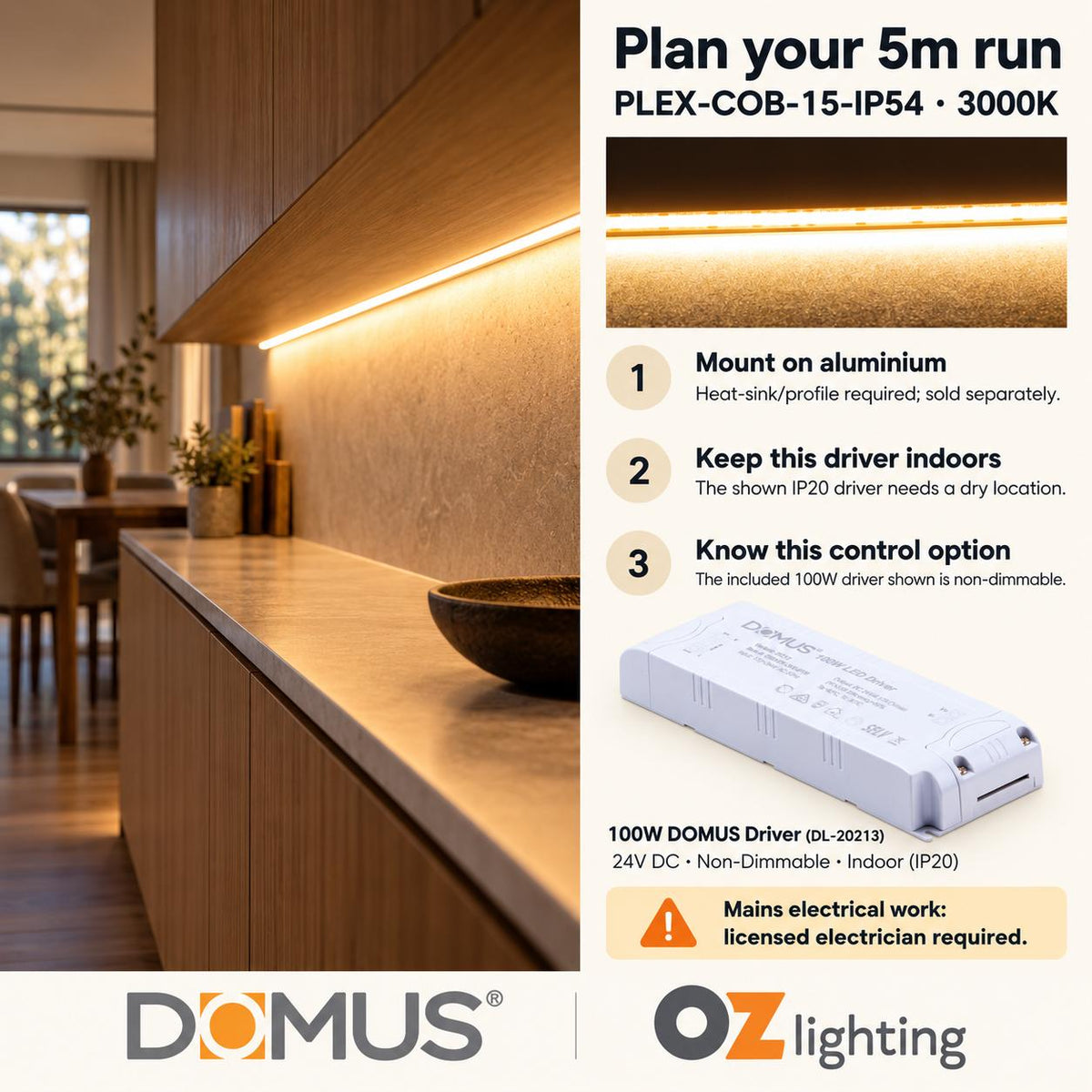 Domus PLEX 5 Metre 15W/m Warm White Strip and Driver Bundle-Domus Lighting-Ozlighting.com.au