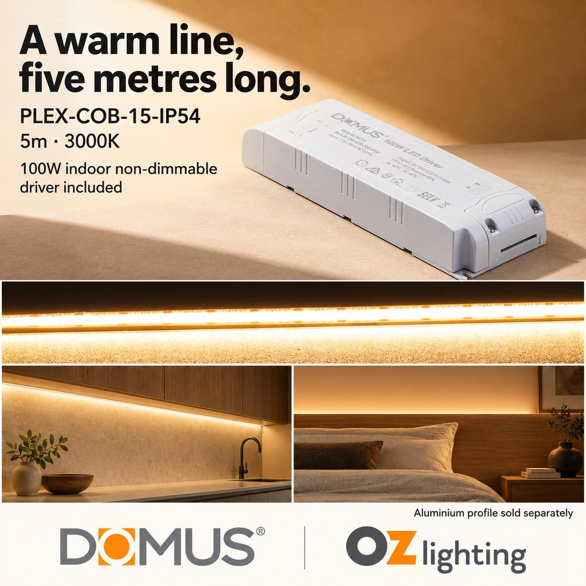 Domus PLEX 5 Metre 15W/m Warm White Strip and Driver Bundle-Domus Lighting-Ozlighting.com.au