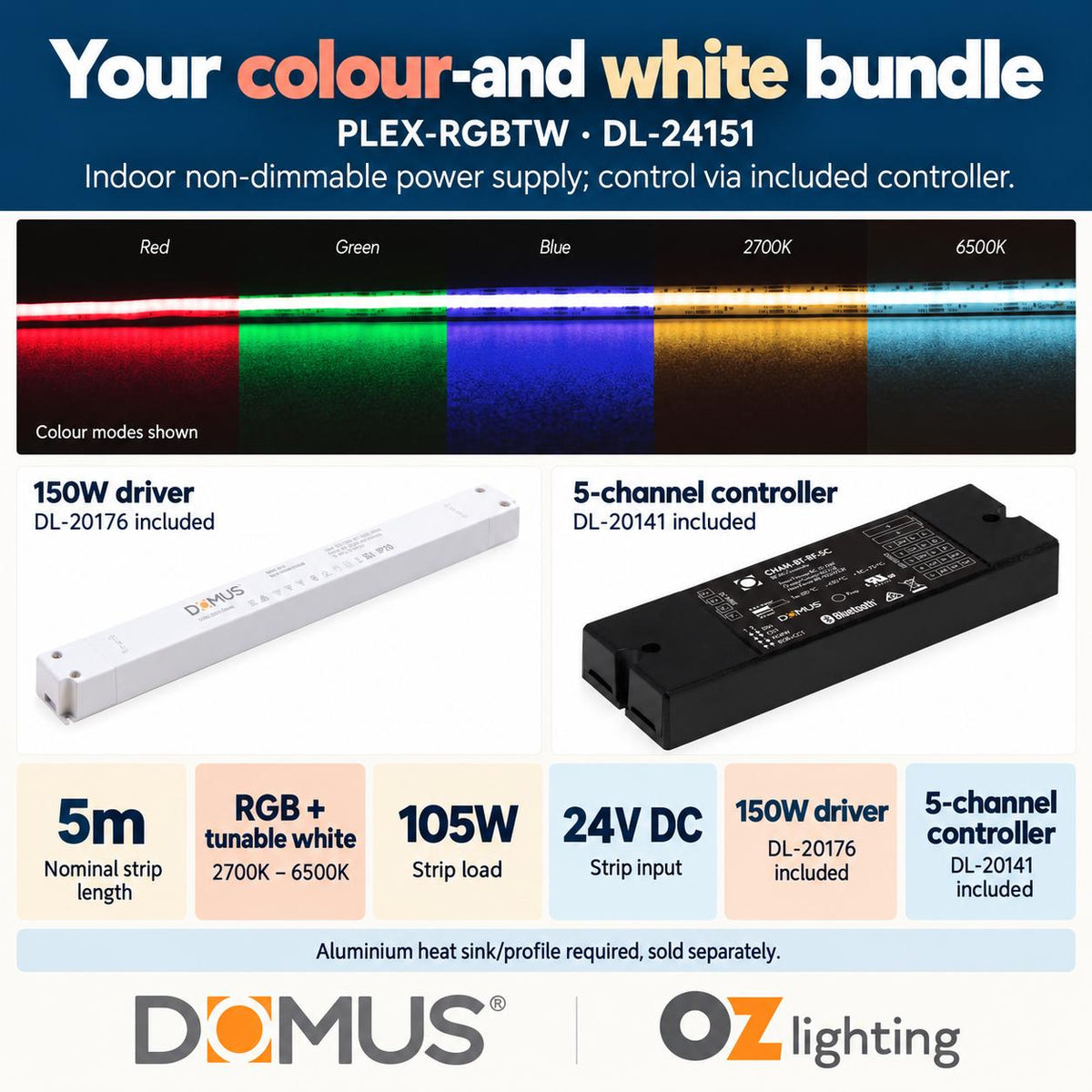Domus PLEX 5 Metre 21W/m RGB + White Strip and Driver Bundle-Domus Lighting-Ozlighting.com.au