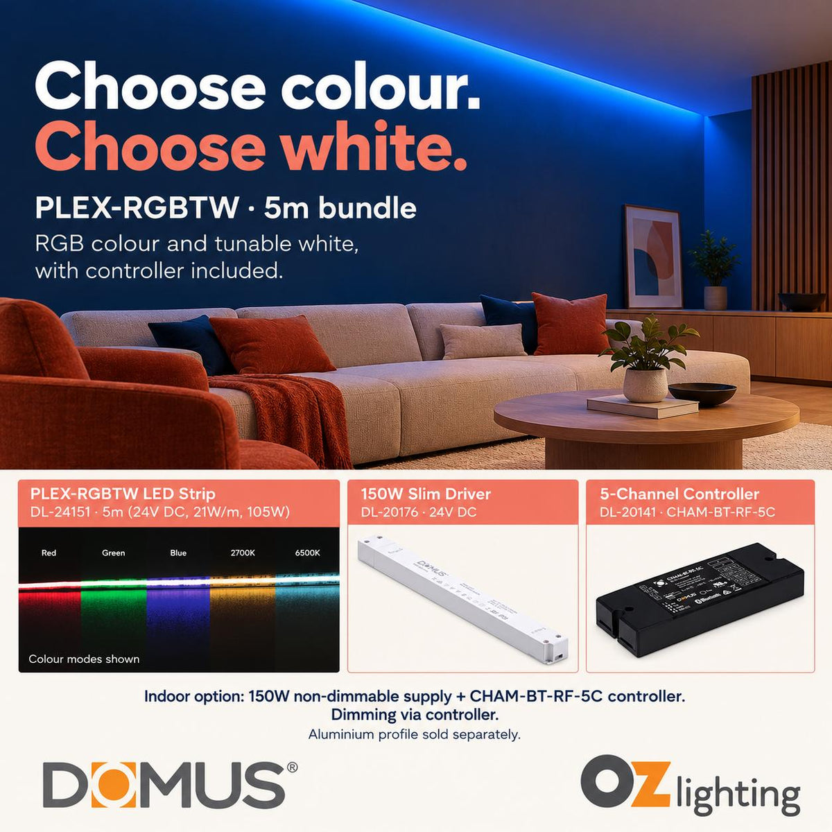 Domus PLEX 5 Metre 21W/m RGB + White Strip and Driver Bundle-Domus Lighting-Ozlighting.com.au