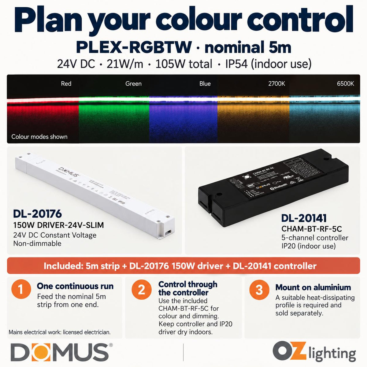 Domus PLEX 5 Metre 21W/m RGB + White Strip and Driver Bundle-Domus Lighting-Ozlighting.com.au