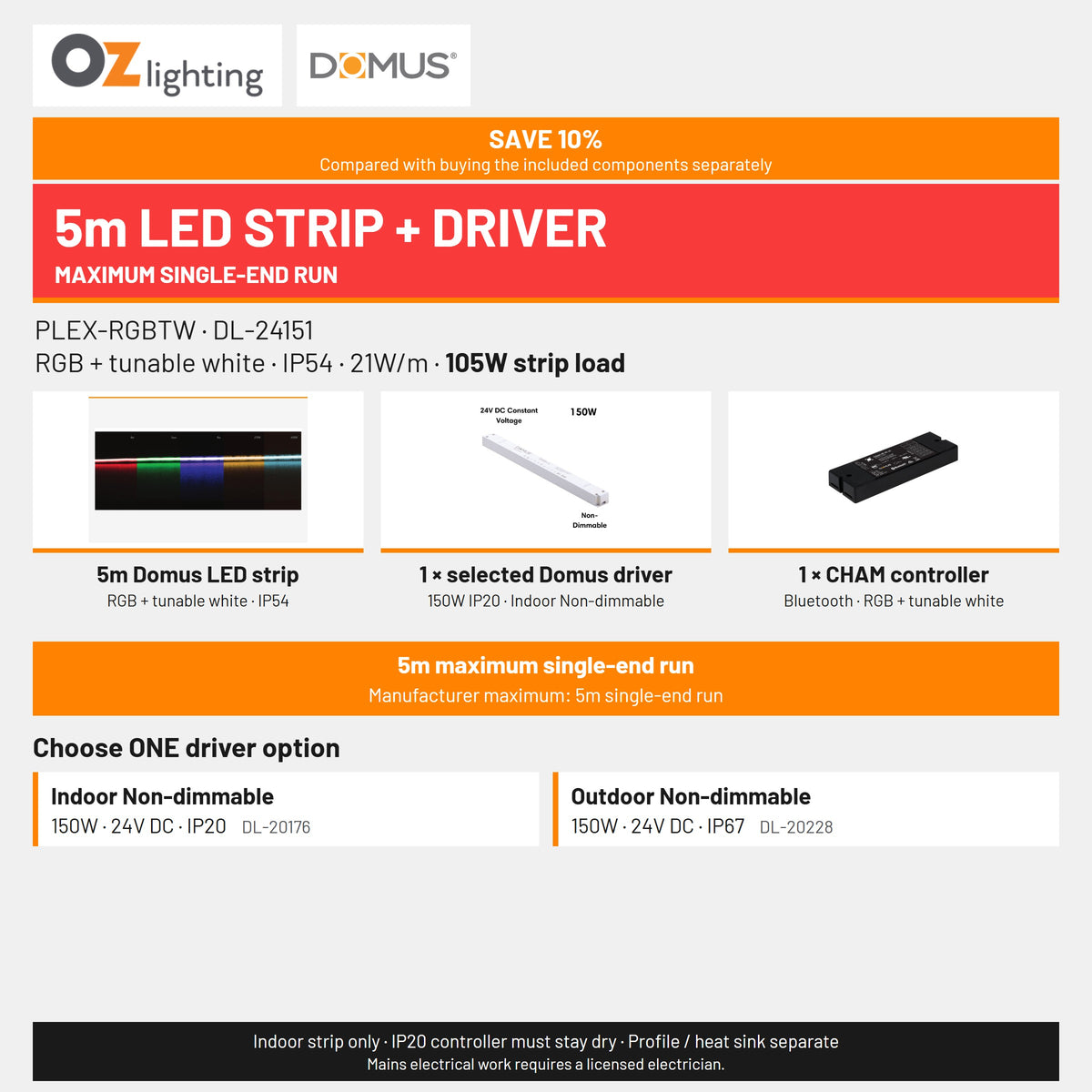 Domus PLEX 5 Metre 21W/m RGB + White Strip and Driver Bundle-Domus Lighting-Ozlighting.com.au