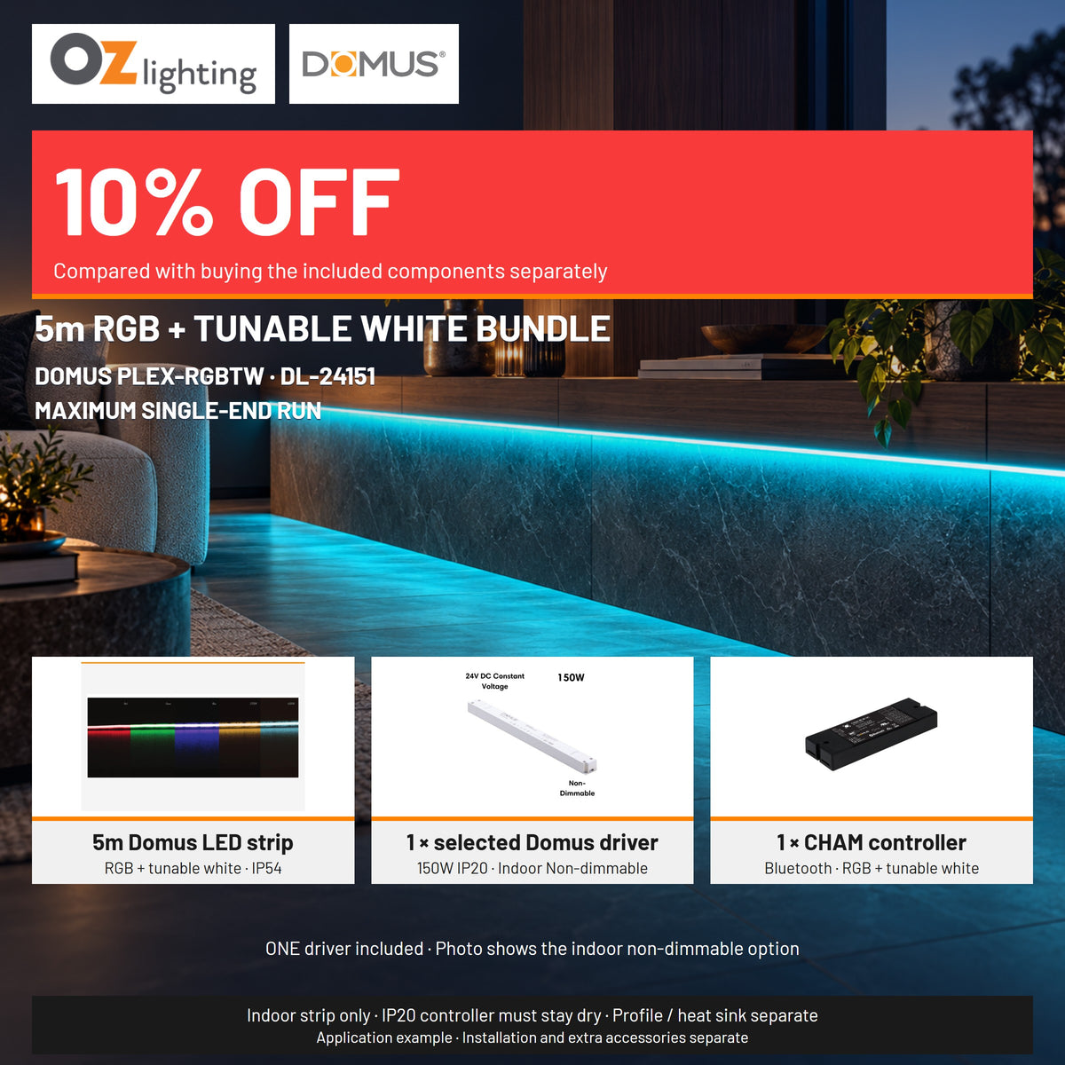 Domus PLEX-RGBTW LED Strip & Driver Bundle - RGB + Tunable White, IP54, 5m-Domus Lighting-Ozlighting.com.au