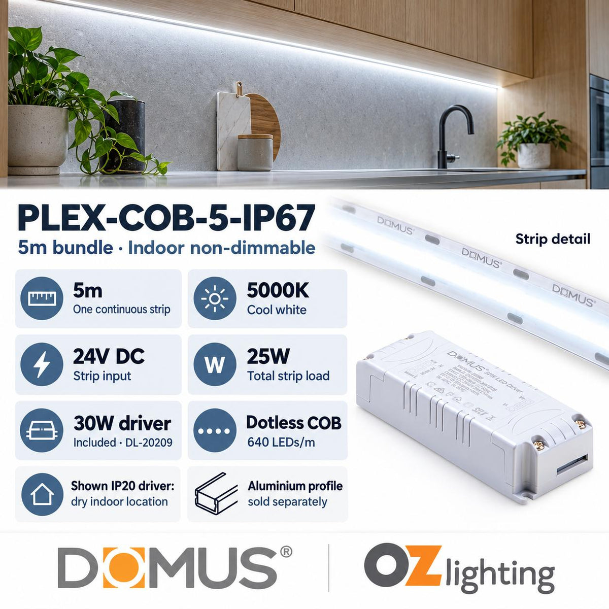 Domus PLEX-COB-5-IP67 5m 5000K LED strip and driver bundle — product details
