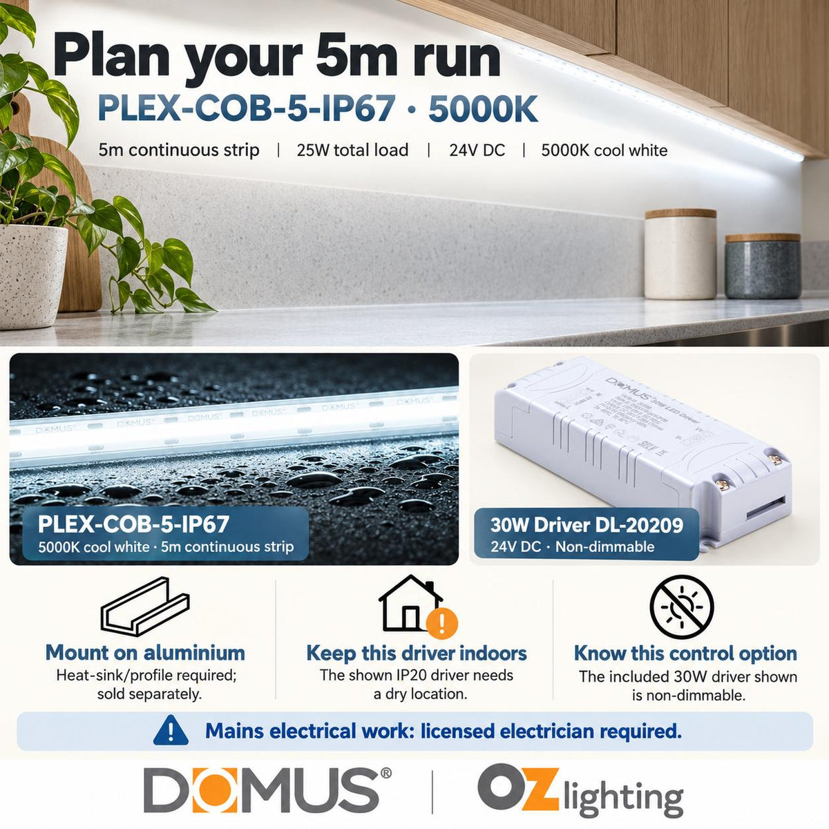Domus PLEX-COB-5-IP67 5m 5000K LED strip and driver bundle — practical advice