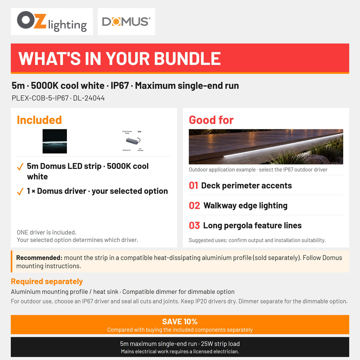 Domus PLEX 5 Metre 5W/m Cool White Outdoor Strip and Driver Bundle-Domus Lighting-Ozlighting.com.au