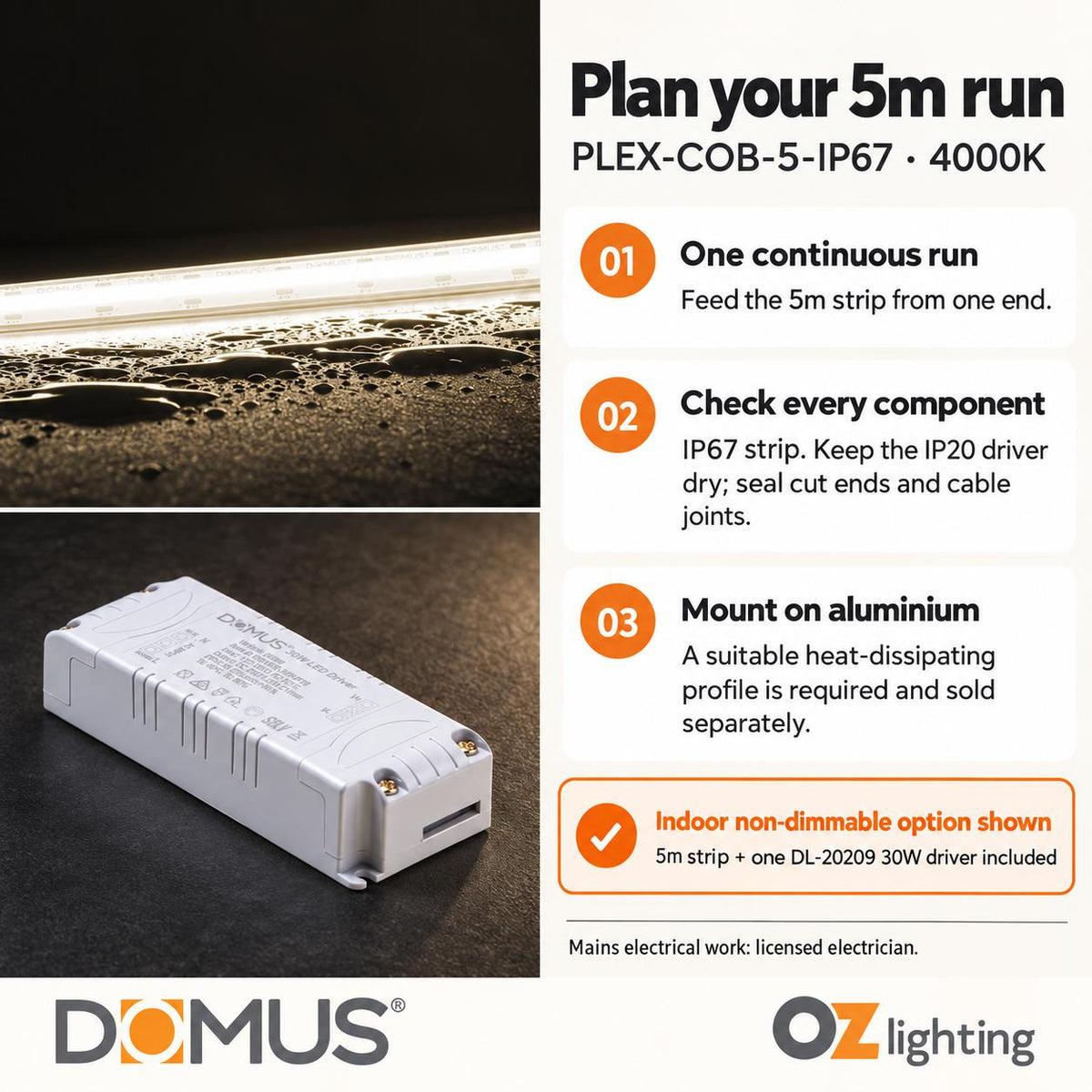 Domus PLEX-COB-5-IP67 5m 4000K LED strip and driver bundle — practical advice