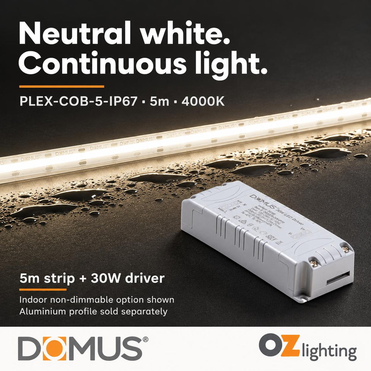 Domus PLEX-COB-5-IP67 5m 4000K LED strip and driver bundle — hero