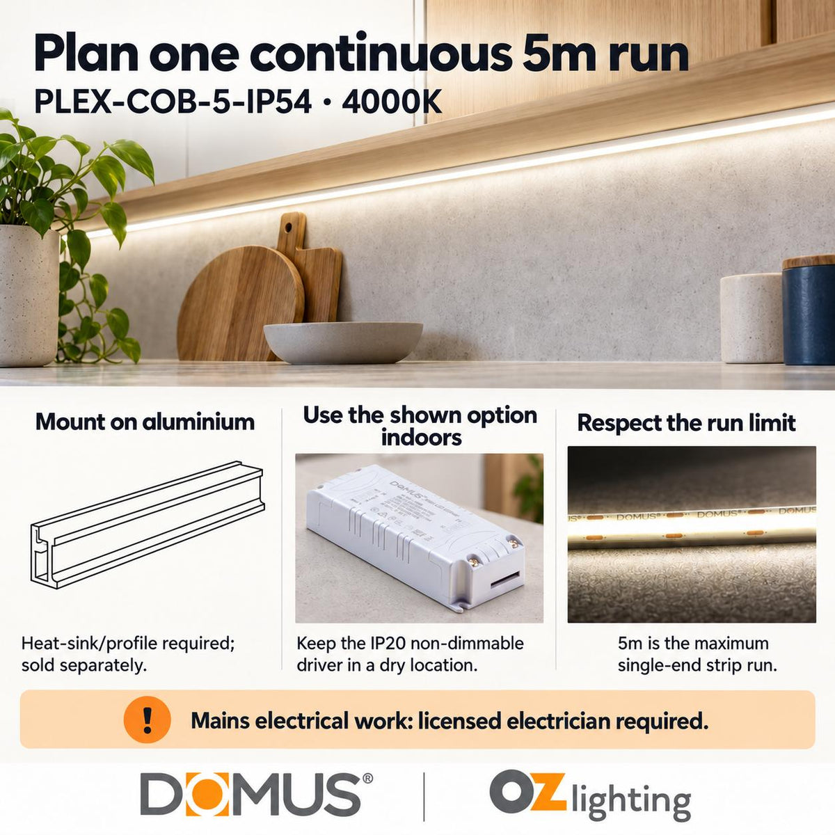 Domus PLEX-COB-5-IP54 5m 4000K LED strip and driver bundle — practical advice